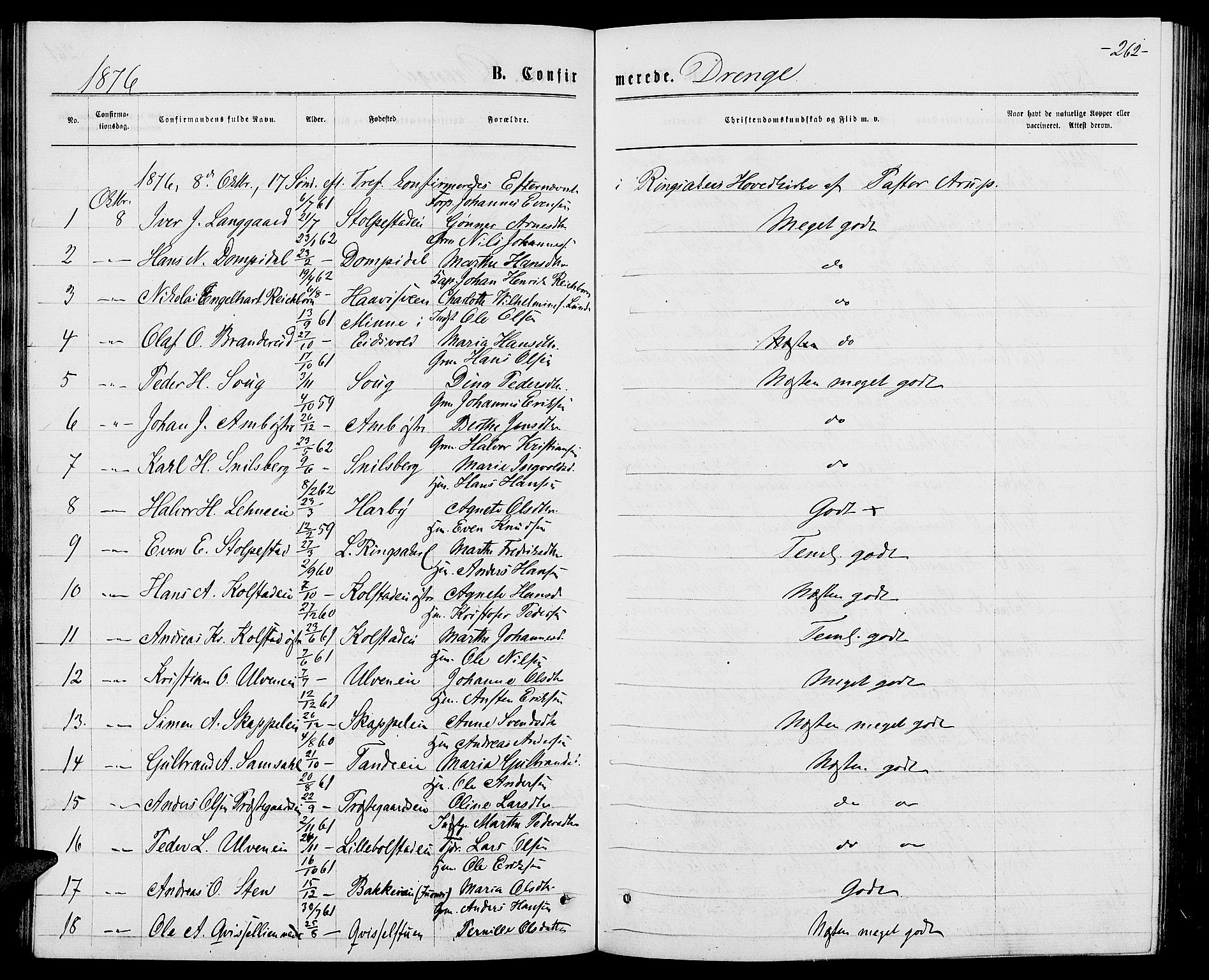 Ringsaker prestekontor, AV/SAH-PREST-014/L/La/L0008: Parish register (copy) no. 8, 1870-1878, p. 262