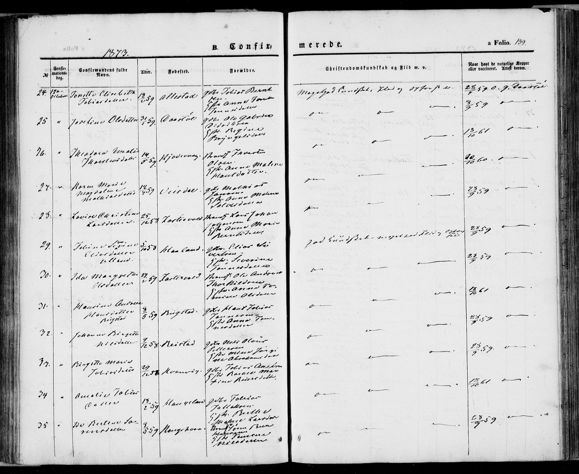 Flekkefjord sokneprestkontor, AV/SAK-1111-0012/F/Fa/Fab/L0004: Parish register (official) no. A 4, 1850-1875, p. 139