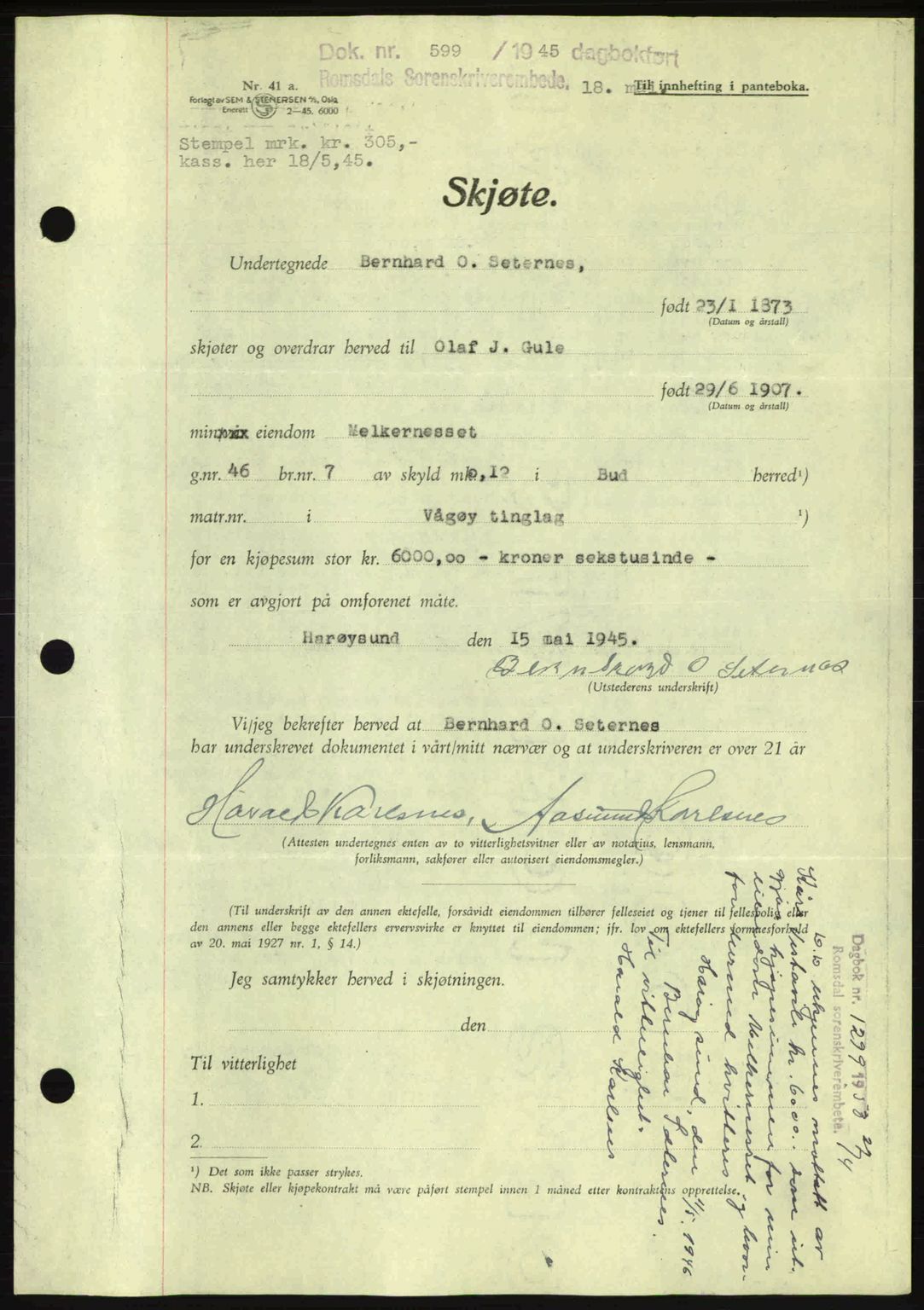 Romsdal sorenskriveri, AV/SAT-A-4149/1/2/2C: Mortgage book no. A17, 1944-1945, Diary no: : 599/1945