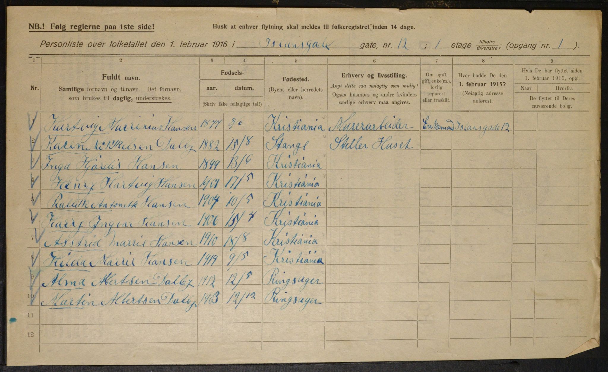 OBA, Municipal Census 1916 for Kristiania, 1916, p. 45661