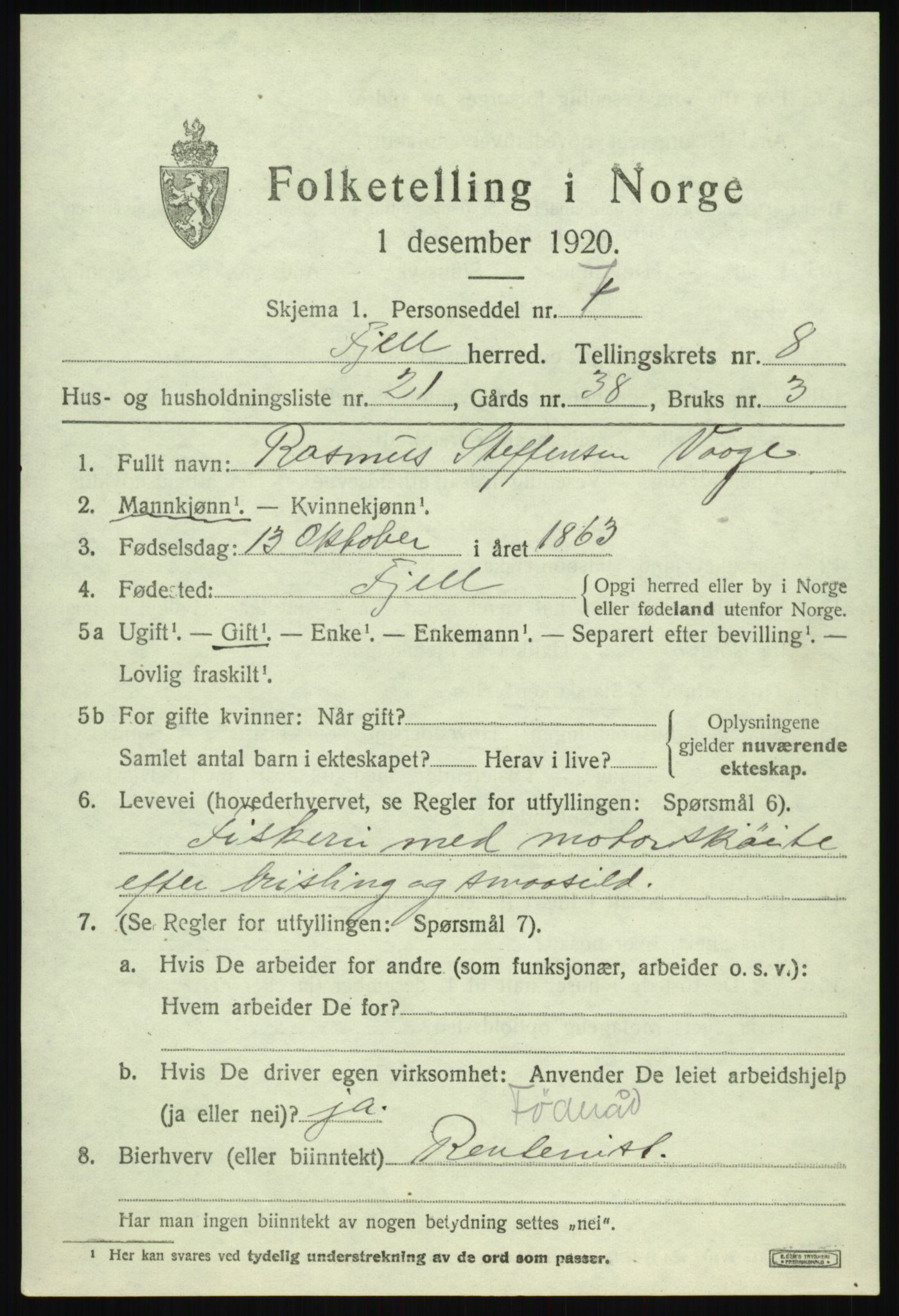 SAB, 1920 census for Fjell, 1920, p. 7416