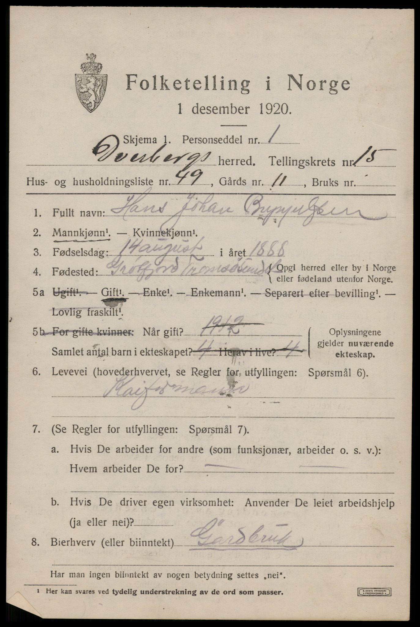 SAT, 1920 census for Dverberg, 1920, p. 11544