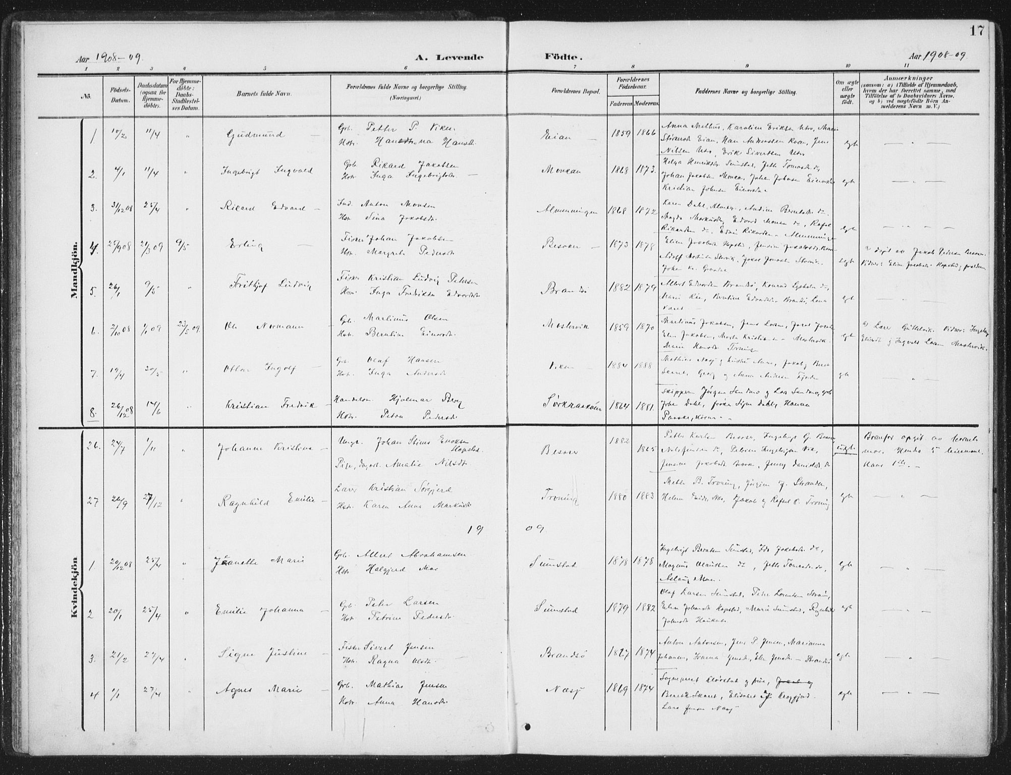 Ministerialprotokoller, klokkerbøker og fødselsregistre - Sør-Trøndelag, SAT/A-1456/657/L0709: Parish register (official) no. 657A10, 1905-1919, p. 17