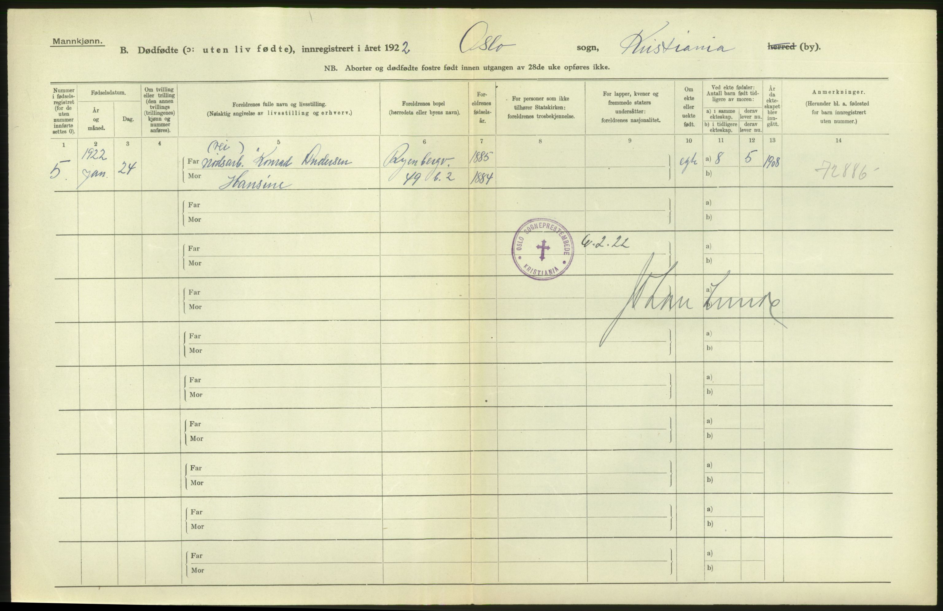 Statistisk sentralbyrå, Sosiodemografiske emner, Befolkning, AV/RA-S-2228/D/Df/Dfc/Dfcb/L0010: Kristiania: Døde, dødfødte, 1922, p. 16