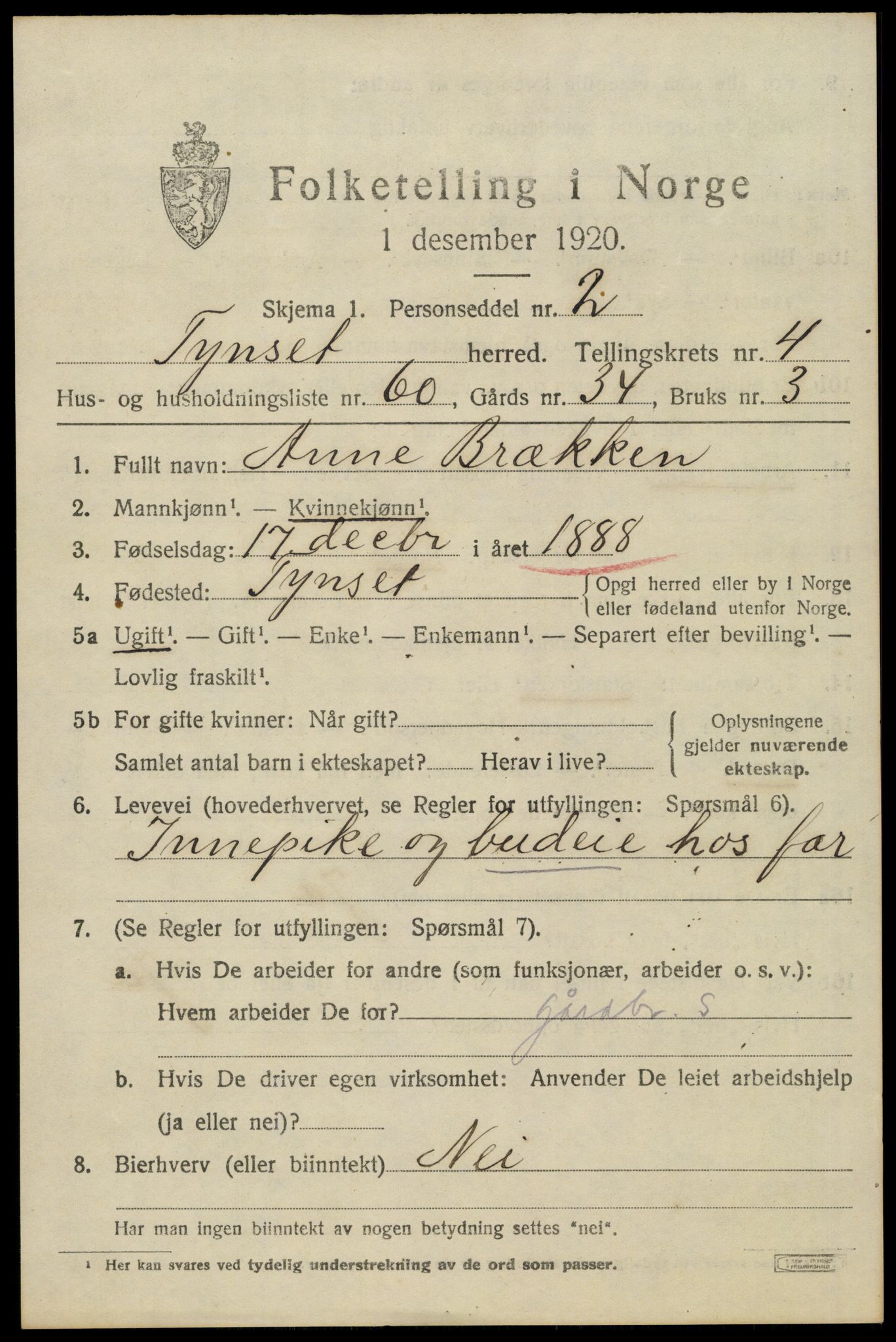 SAH, 1920 census for Tynset, 1920, p. 3960