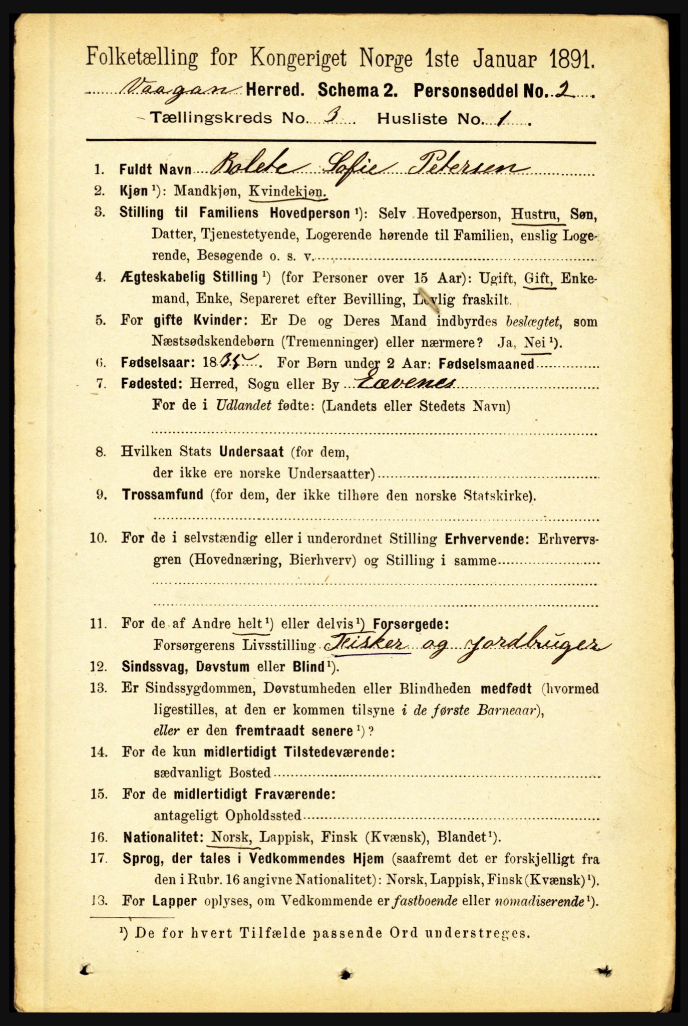 RA, 1891 census for 1865 Vågan, 1891, p. 688