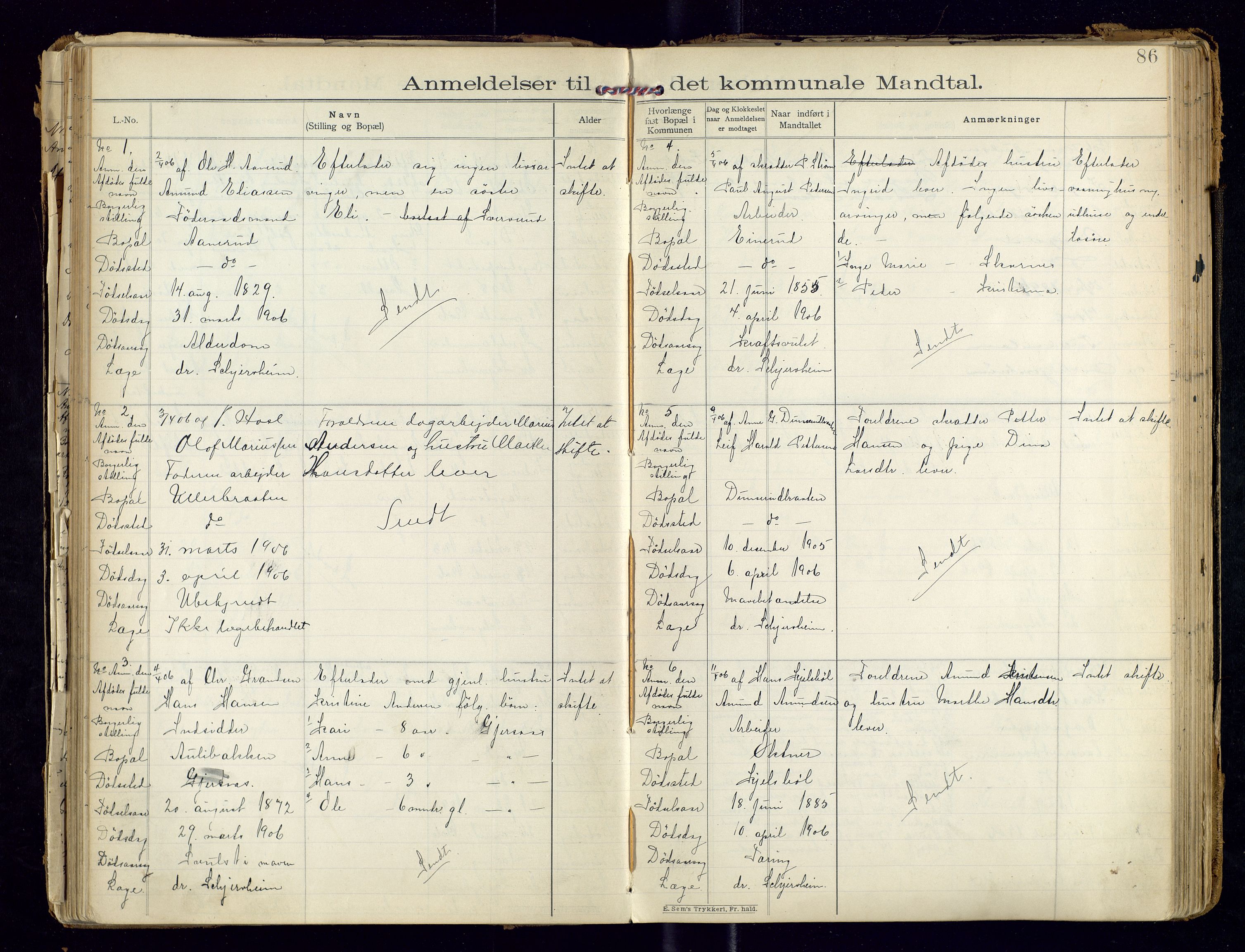 Sør-Odal lensmannskontor, AV/SAH-LHS-022/H/Hb/L0001/0002: Protokoller over anmeldte dødsfall / Protokoll over anmeldte dødsfall, 1901-1913, p. 86