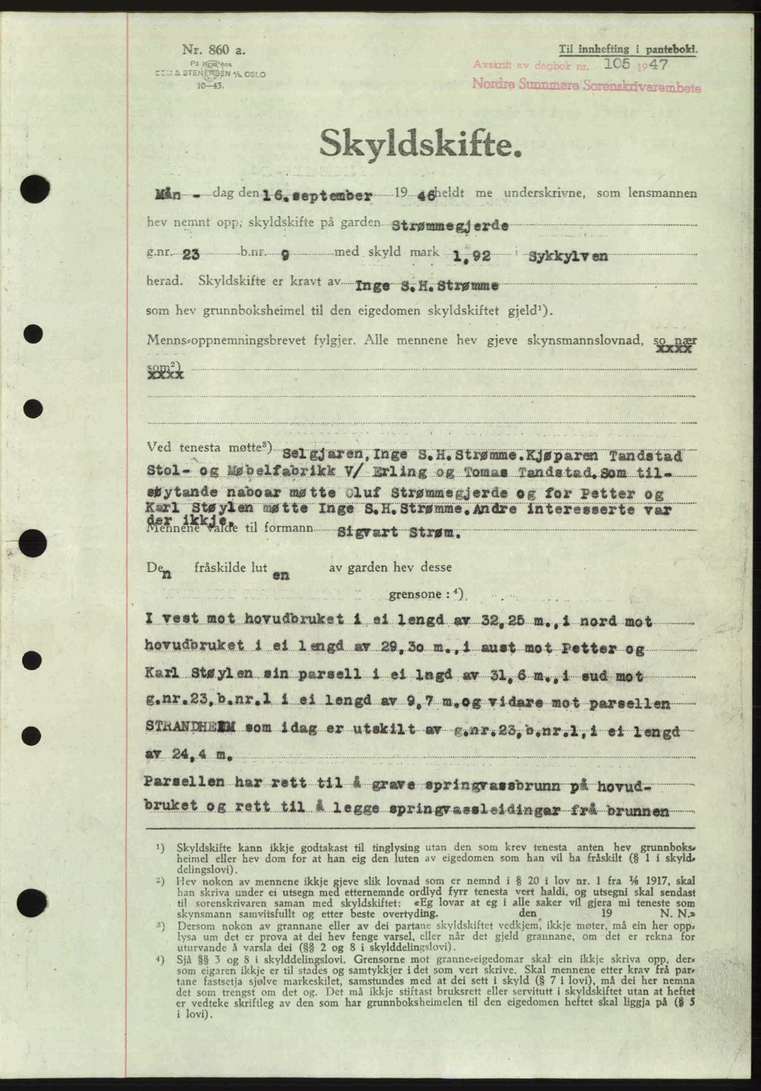 Nordre Sunnmøre sorenskriveri, AV/SAT-A-0006/1/2/2C/2Ca: Mortgage book no. A23, 1946-1947, Diary no: : 105/1947