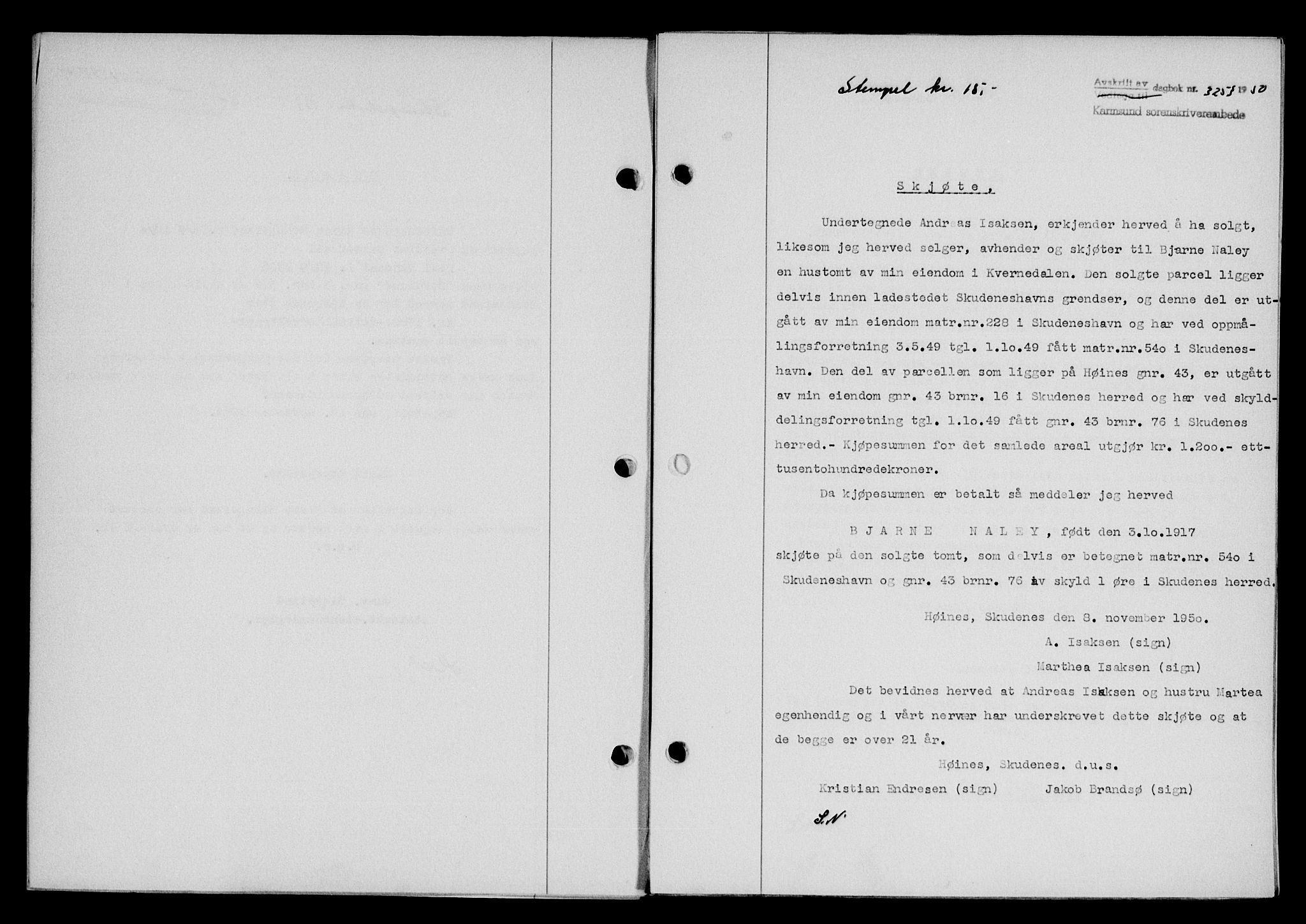 Karmsund sorenskriveri, SAST/A-100311/01/II/IIB/L0101: Mortgage book no. 81A, 1950-1951, Diary no: : 3253/1950