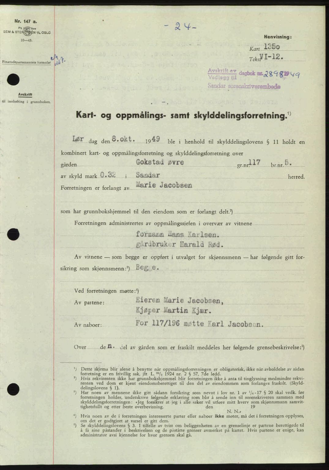 Sandar sorenskriveri, AV/SAKO-A-86/G/Ga/Gaa/L0020: Mortgage book no. A-20, 1949-1950, Diary no: : 2898/1949