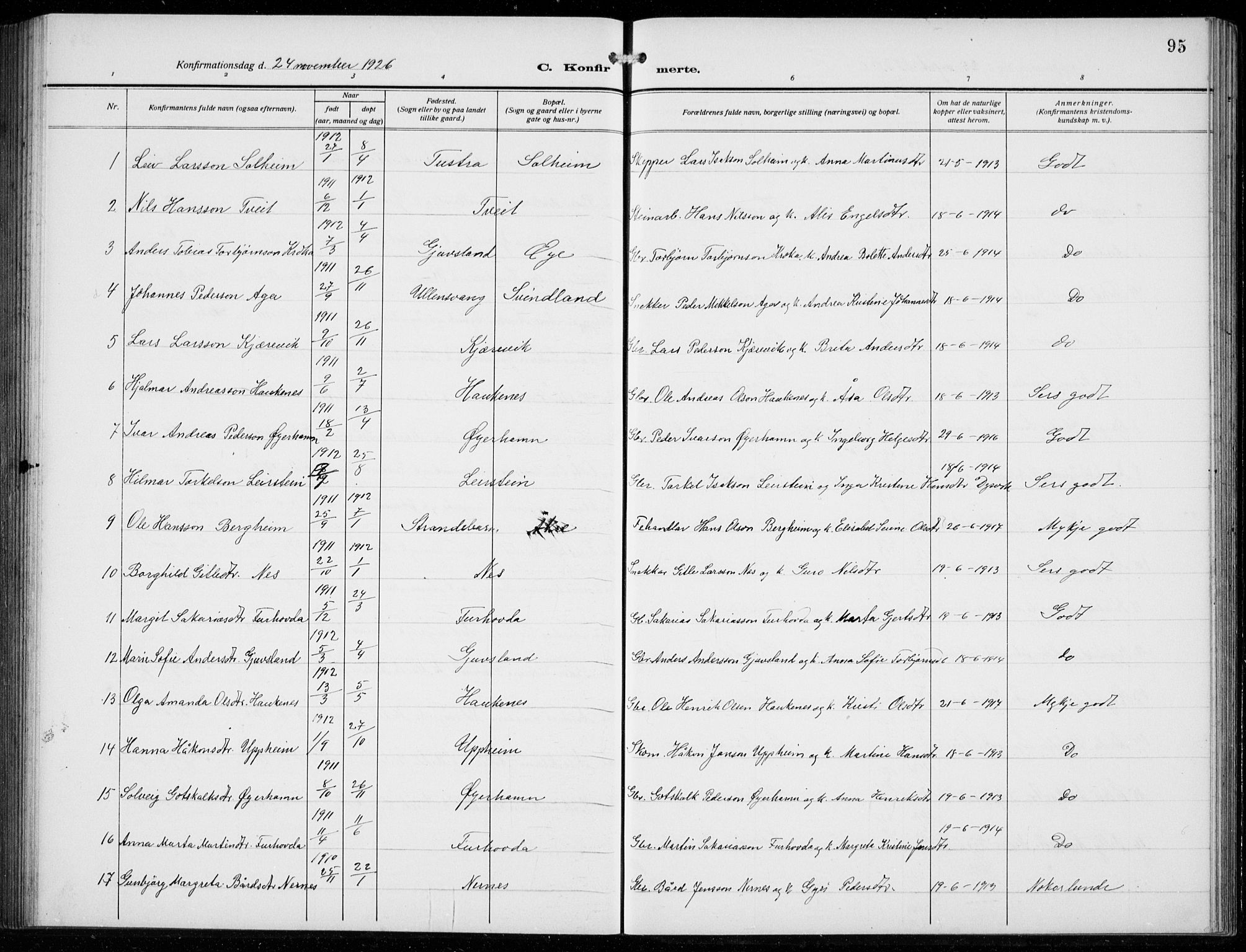 Strandebarm sokneprestembete, AV/SAB-A-78401/H/Hab: Parish register (copy) no. C  2, 1914-1935, p. 95