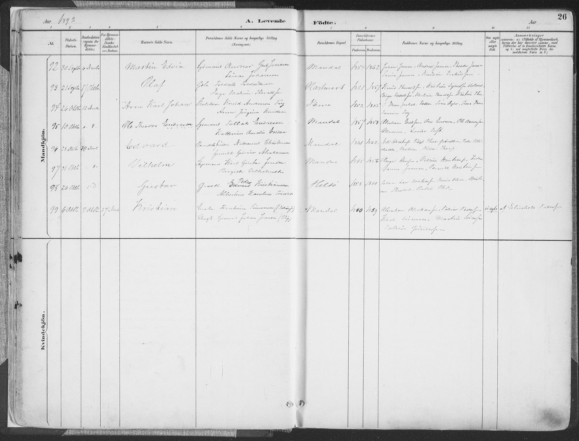 Mandal sokneprestkontor, SAK/1111-0030/F/Fa/Faa/L0018: Parish register (official) no. A 18, 1890-1905, p. 26