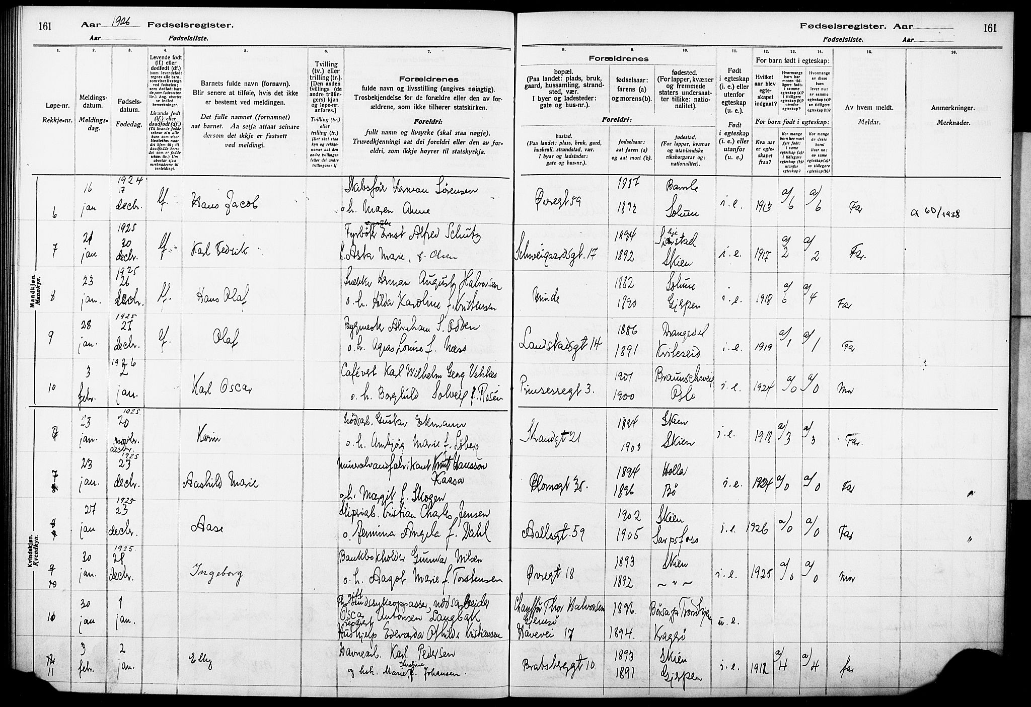 Skien kirkebøker, AV/SAKO-A-302/J/Ja/L0002: Birth register no. 2, 1921-1927, p. 161