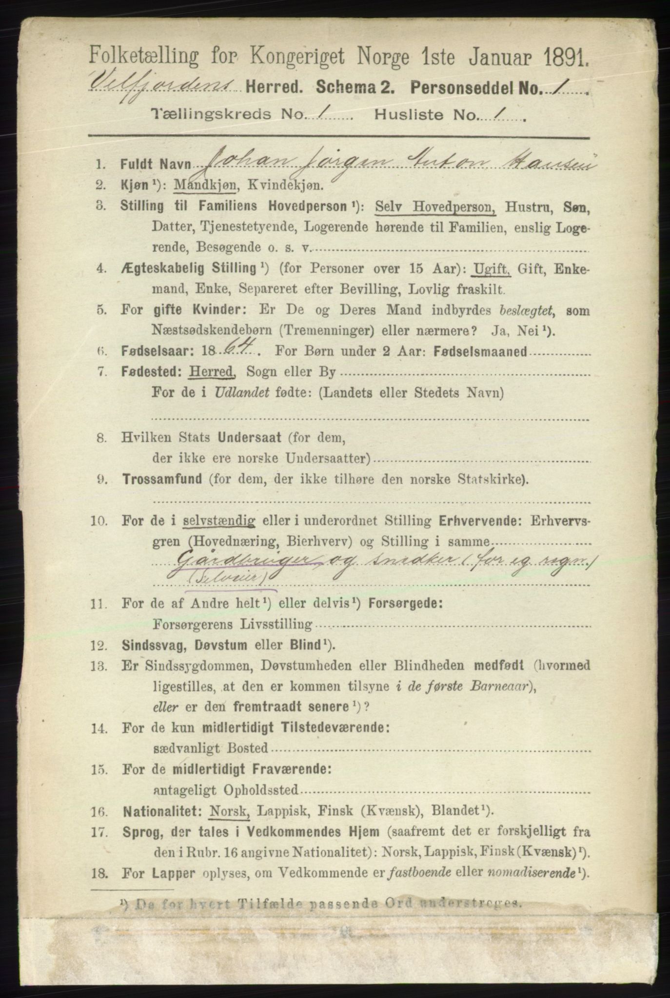 RA, 1891 census for 1813 Velfjord, 1891, p. 73