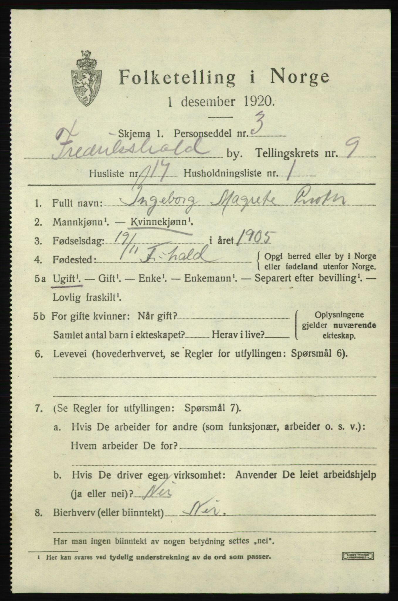 SAO, 1920 census for Fredrikshald, 1920, p. 16122