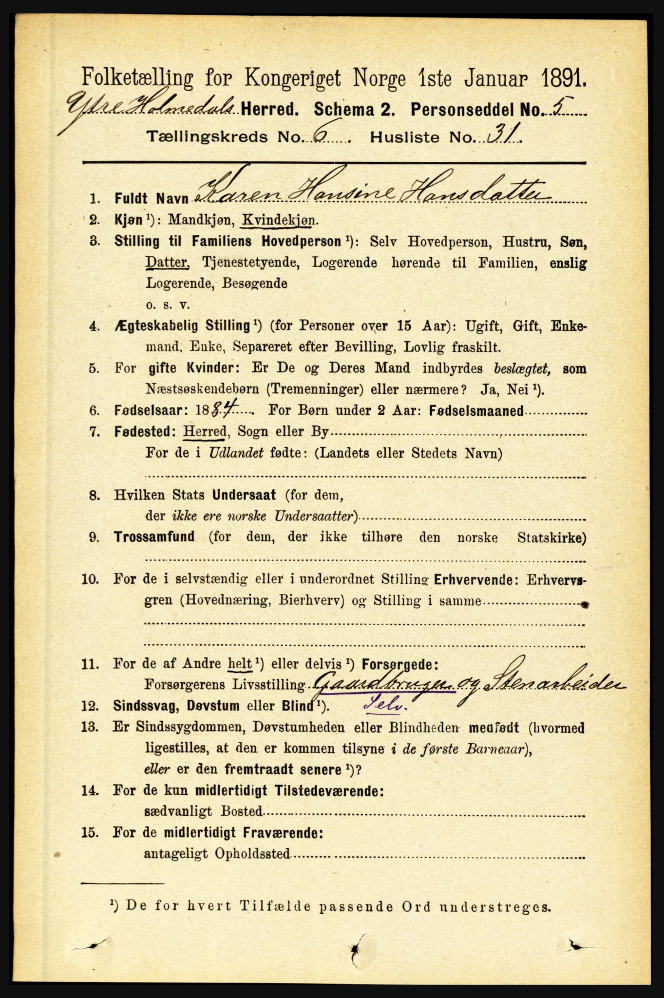 RA, 1891 census for 1429 Ytre Holmedal, 1891, p. 1492