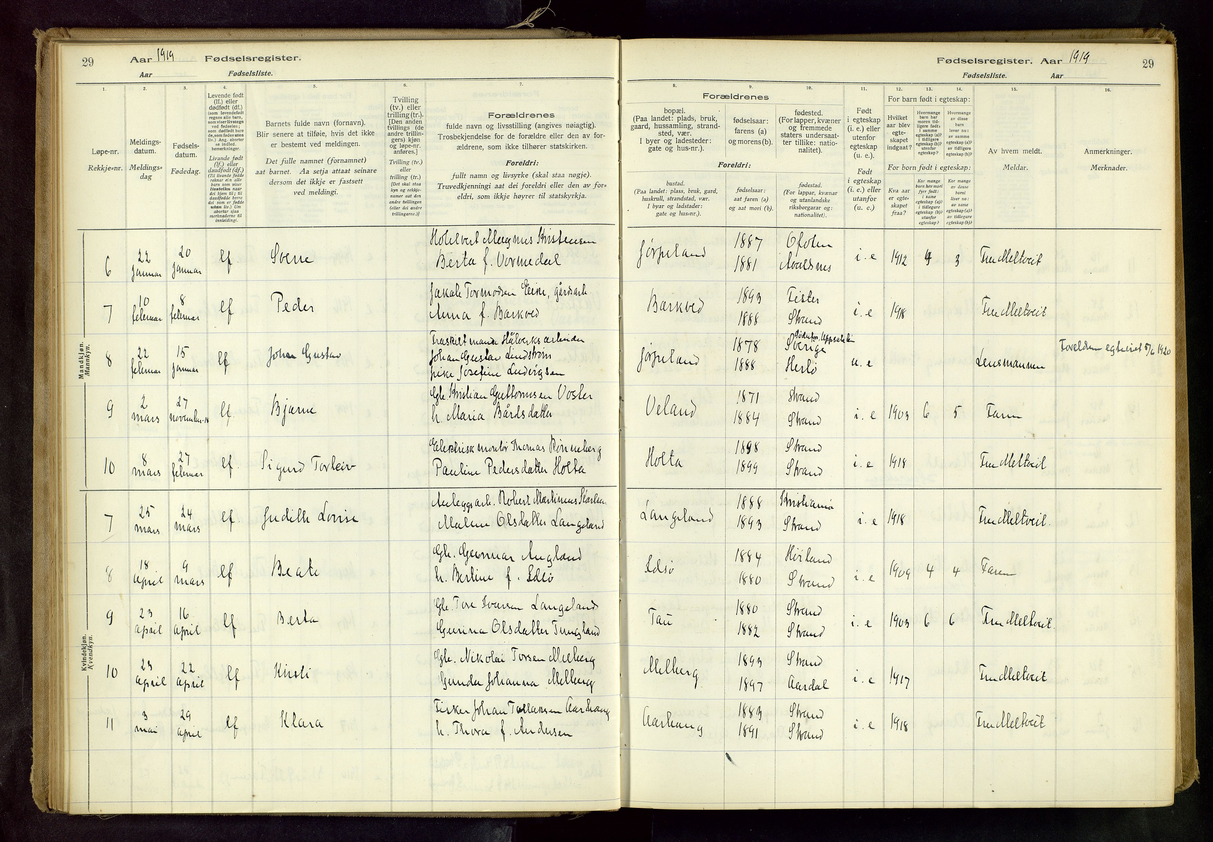 Strand sokneprestkontor, AV/SAST-A-101828/I/Id/L0001: Birth register no. 1, 1916-1938, p. 29