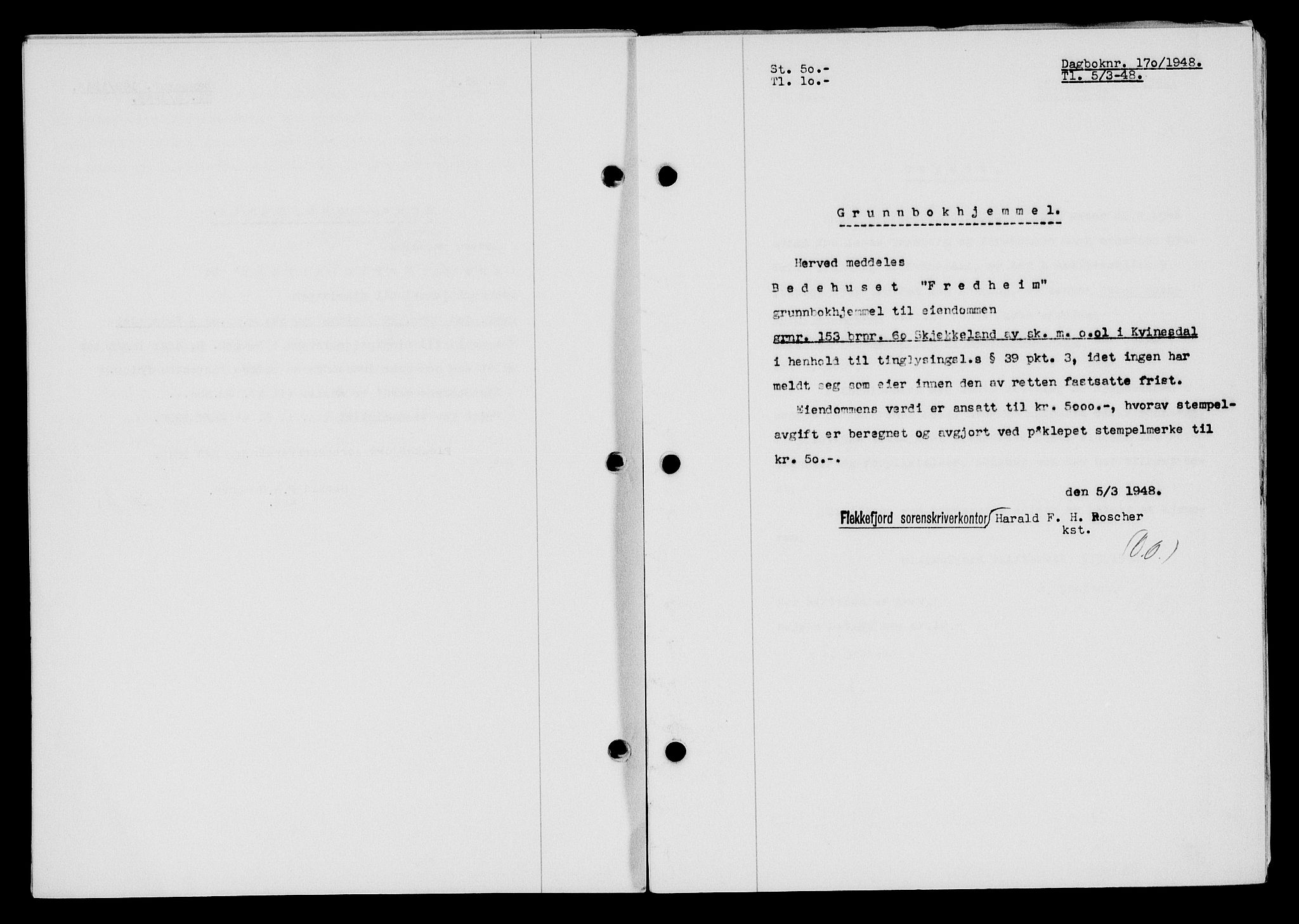 Flekkefjord sorenskriveri, SAK/1221-0001/G/Gb/Gba/L0063: Mortgage book no. A-11, 1947-1948, Diary no: : 170/1948