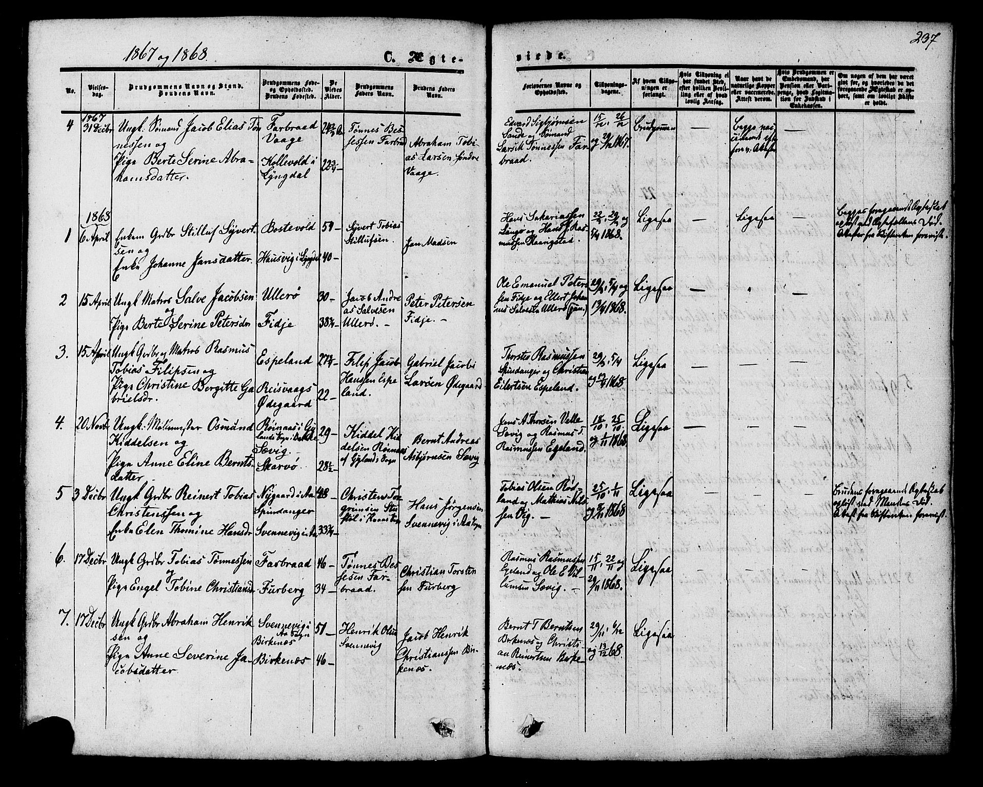 Herad sokneprestkontor, SAK/1111-0018/F/Fa/Fab/L0004: Parish register (official) no. A 4, 1853-1885, p. 237