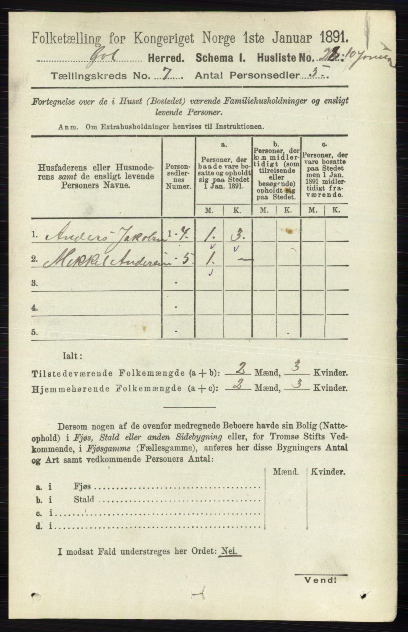 RA, 1891 census for 0617 Gol og Hemsedal, 1891, p. 2799