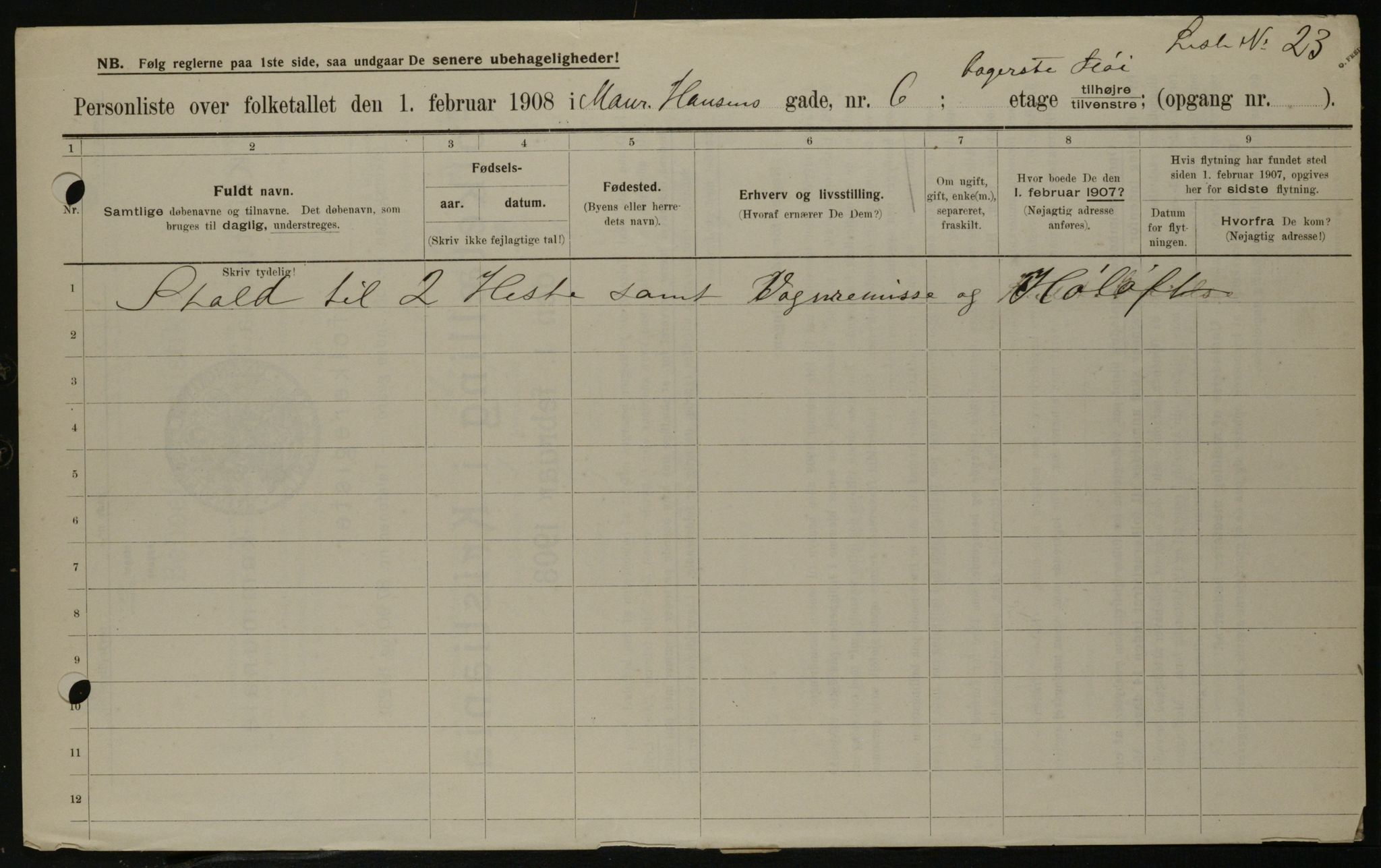 OBA, Municipal Census 1908 for Kristiania, 1908, p. 58287