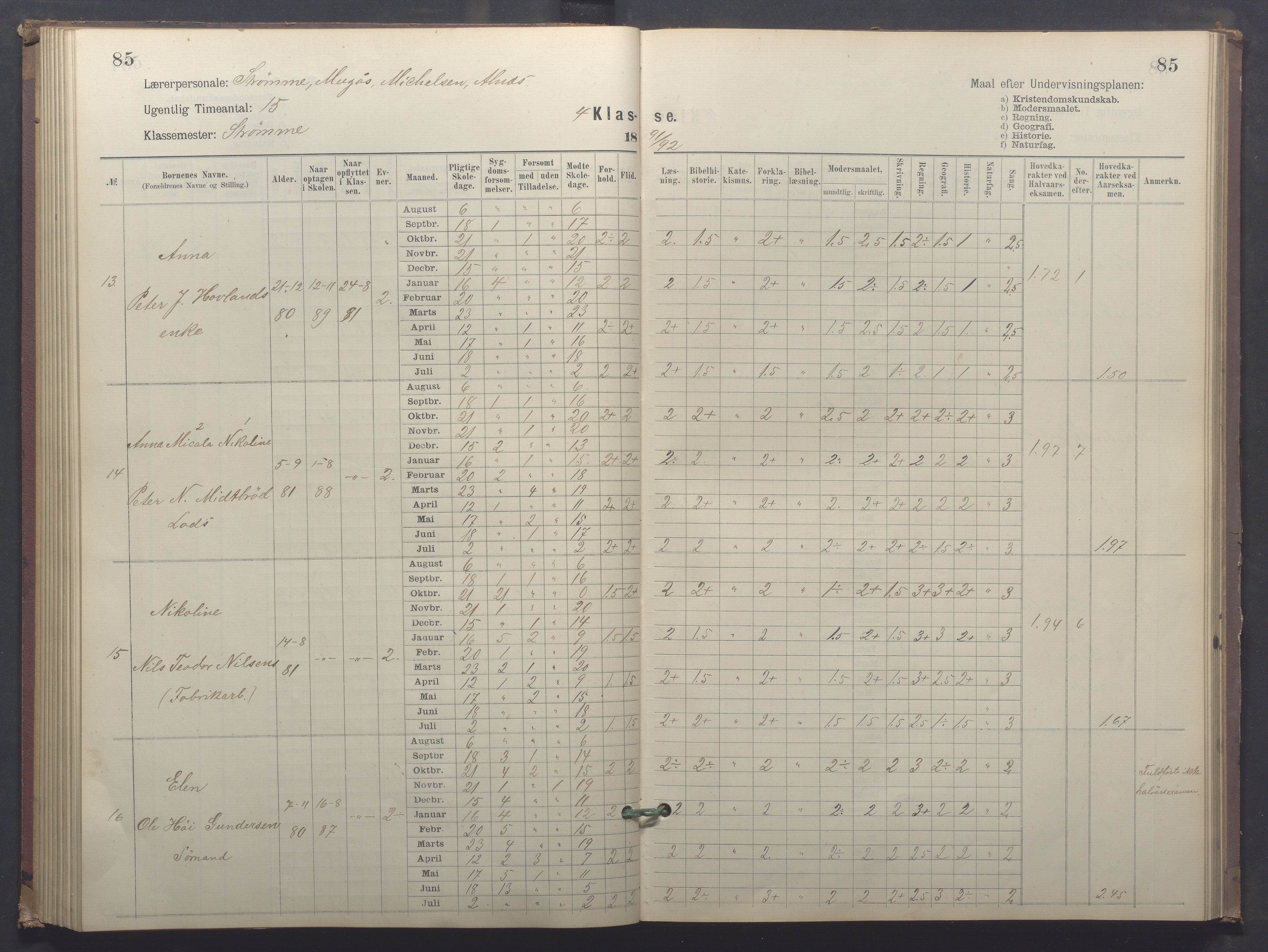 Egersund kommune (Ladested) - Egersund almueskole/folkeskole, IKAR/K-100521/H/L0025: Skoleprotokoll - Almueskolen, 4. klasse, 1887-1892, p. 85