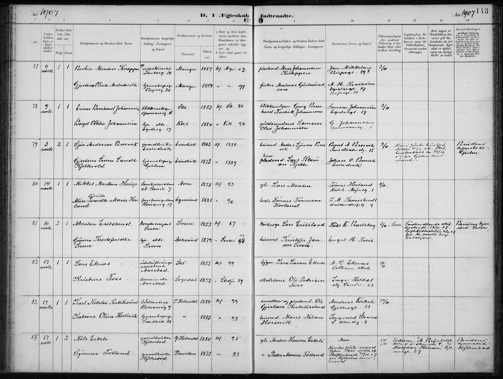 Sandviken Sokneprestembete, AV/SAB-A-77601/H/Ha/L0014: Parish register (official) no. D 1, 1896-1911, p. 143