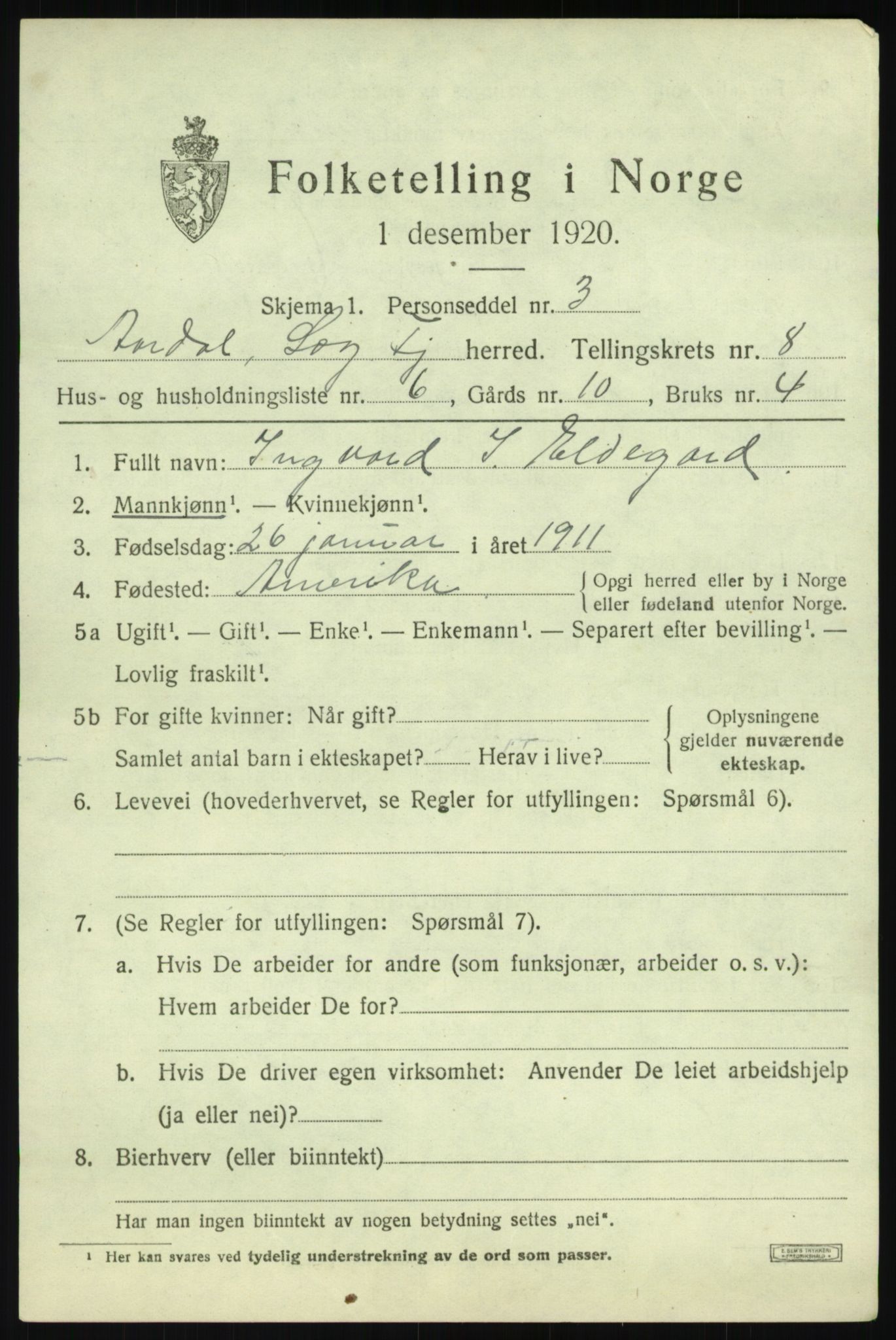 SAB, 1920 census for Årdal, 1920, p. 3599