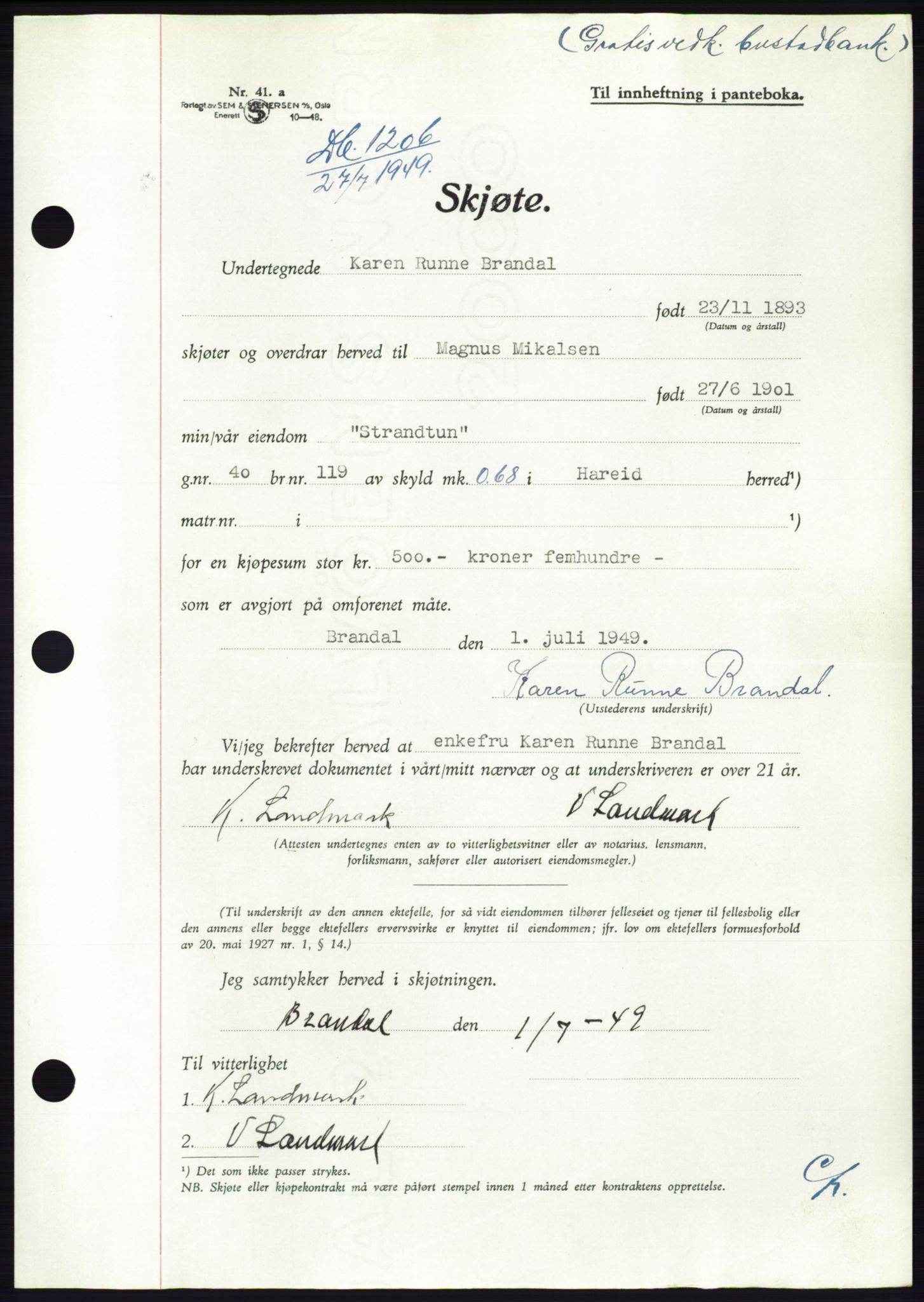 Søre Sunnmøre sorenskriveri, AV/SAT-A-4122/1/2/2C/L0084: Mortgage book no. 10A, 1949-1949, Diary no: : 1206/1949