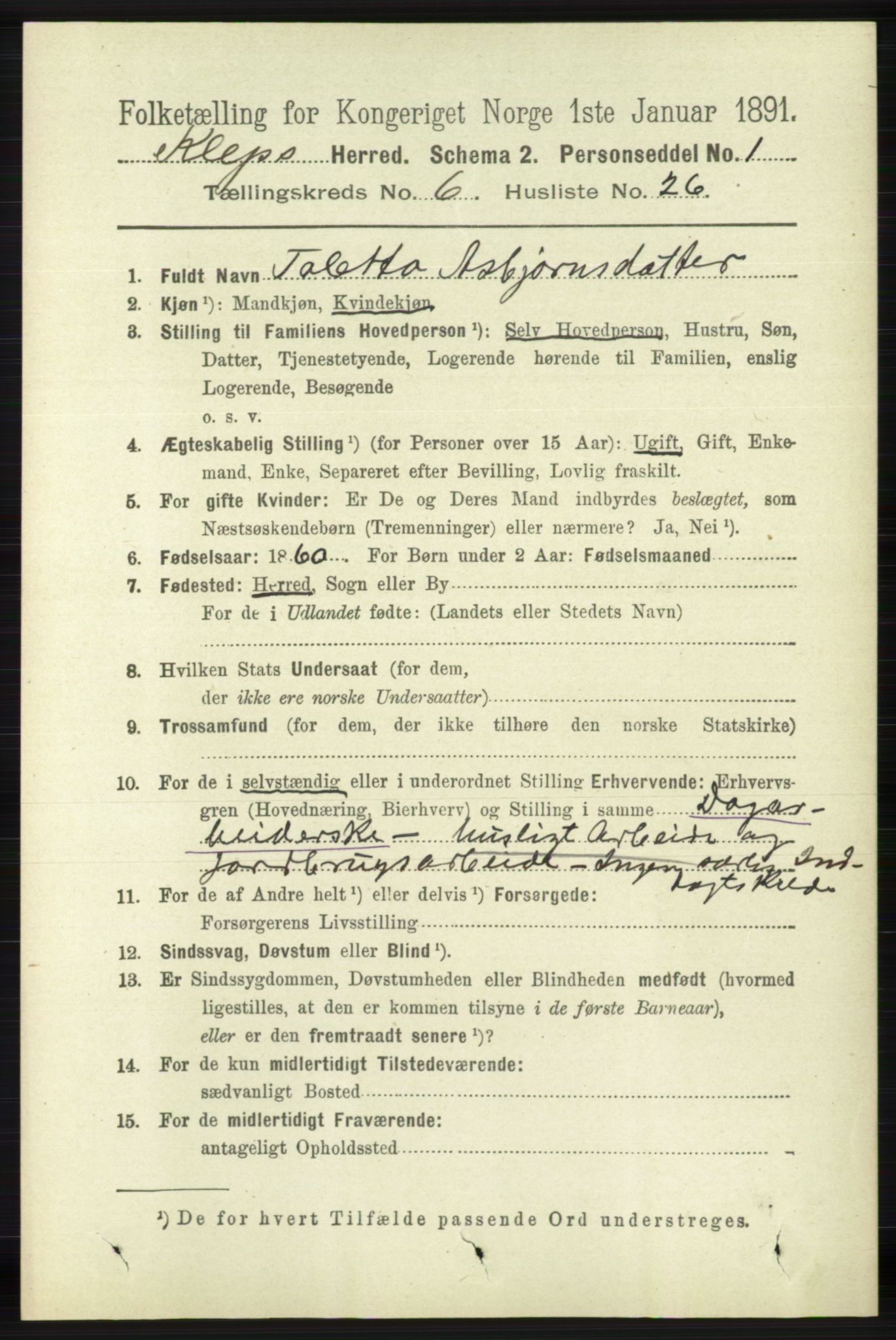 RA, 1891 census for 1120 Klepp, 1891, p. 1815