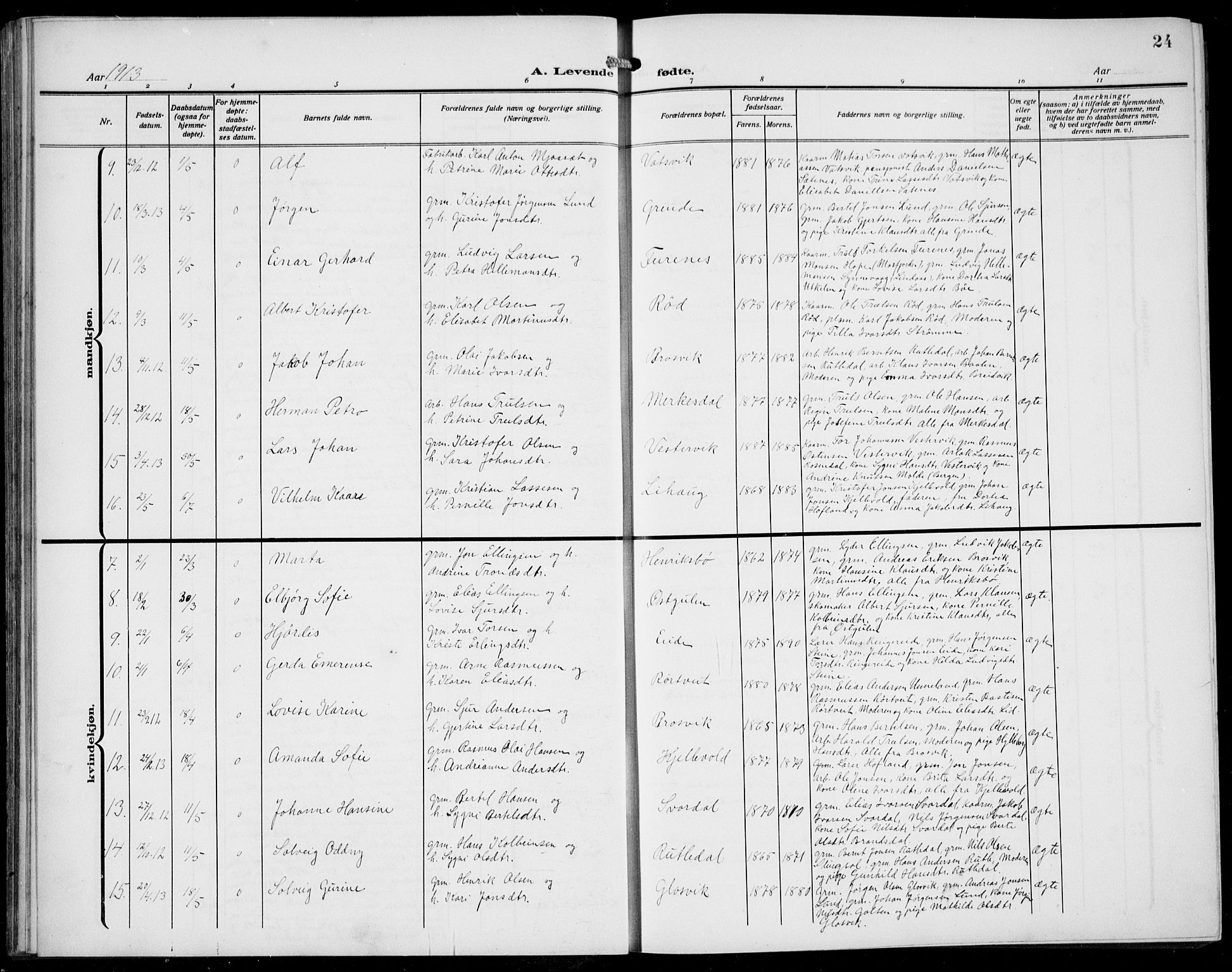 Gulen sokneprestembete, AV/SAB-A-80201/H/Hab/Habb/L0004: Parish register (copy) no. B 4, 1908-1936, p. 24