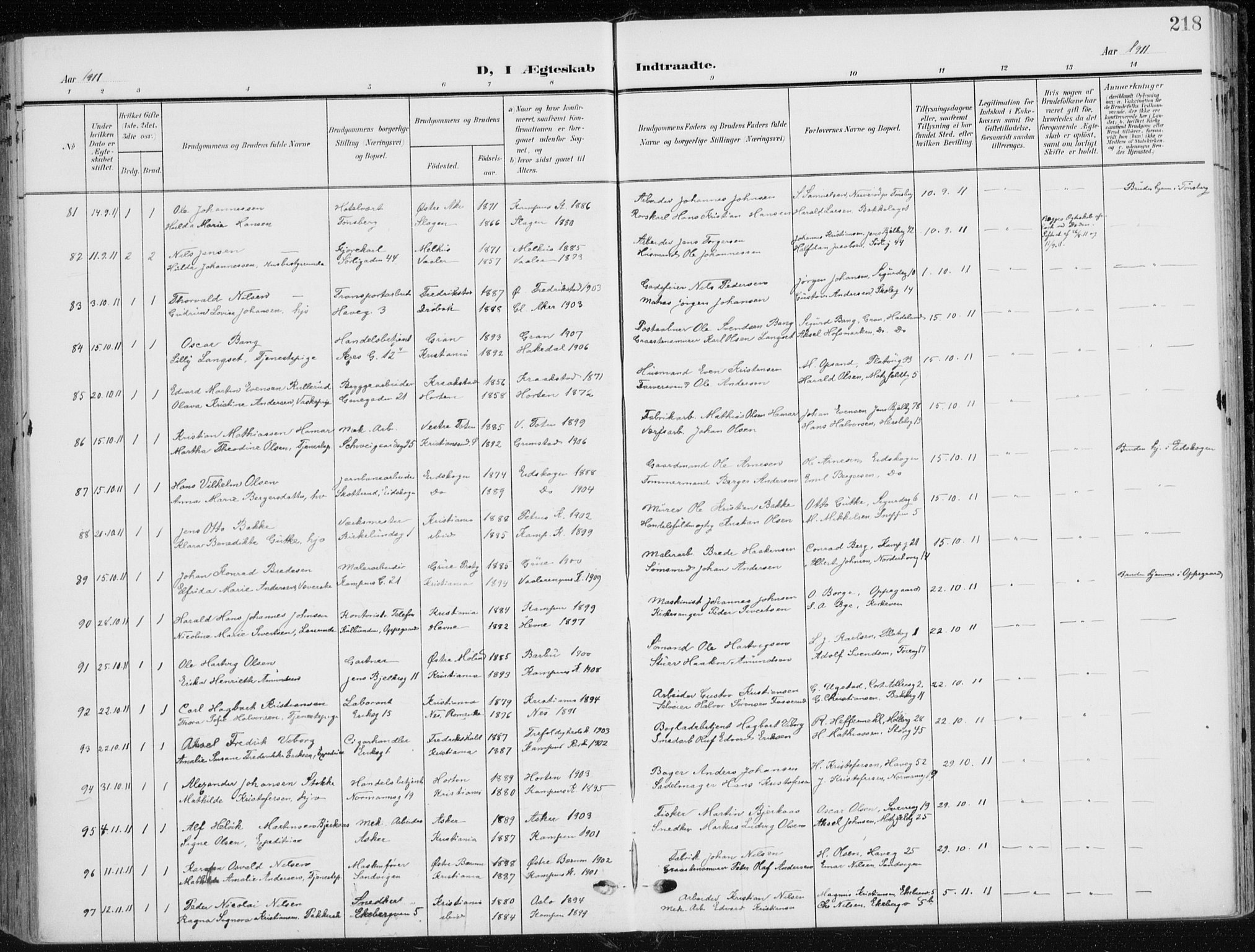 Kampen prestekontor Kirkebøker, AV/SAO-A-10853/F/Fa/L0011: Parish register (official) no. I 11, 1907-1917, p. 218