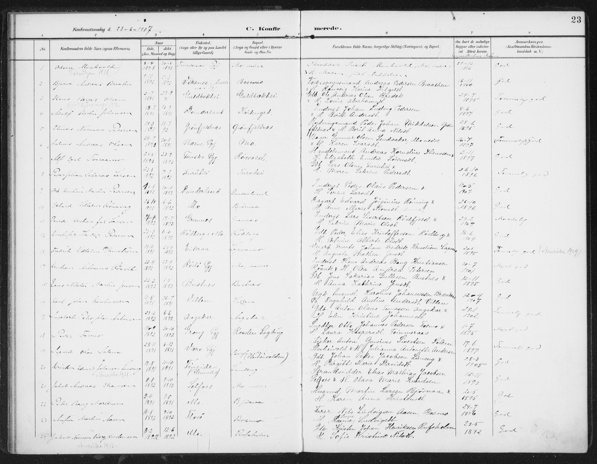 Ministerialprotokoller, klokkerbøker og fødselsregistre - Nordland, SAT/A-1459/827/L0403: Parish register (official) no. 827A15, 1903-1912, p. 23