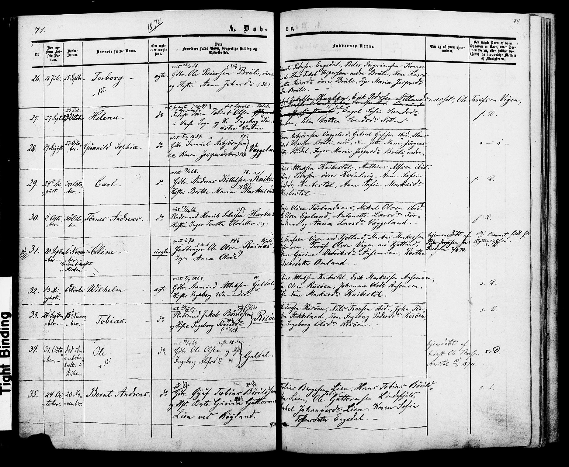 Fjotland sokneprestkontor, SAK/1111-0010/F/Fa/L0001: Parish register (official) no. A 1, 1850-1879, p. 74