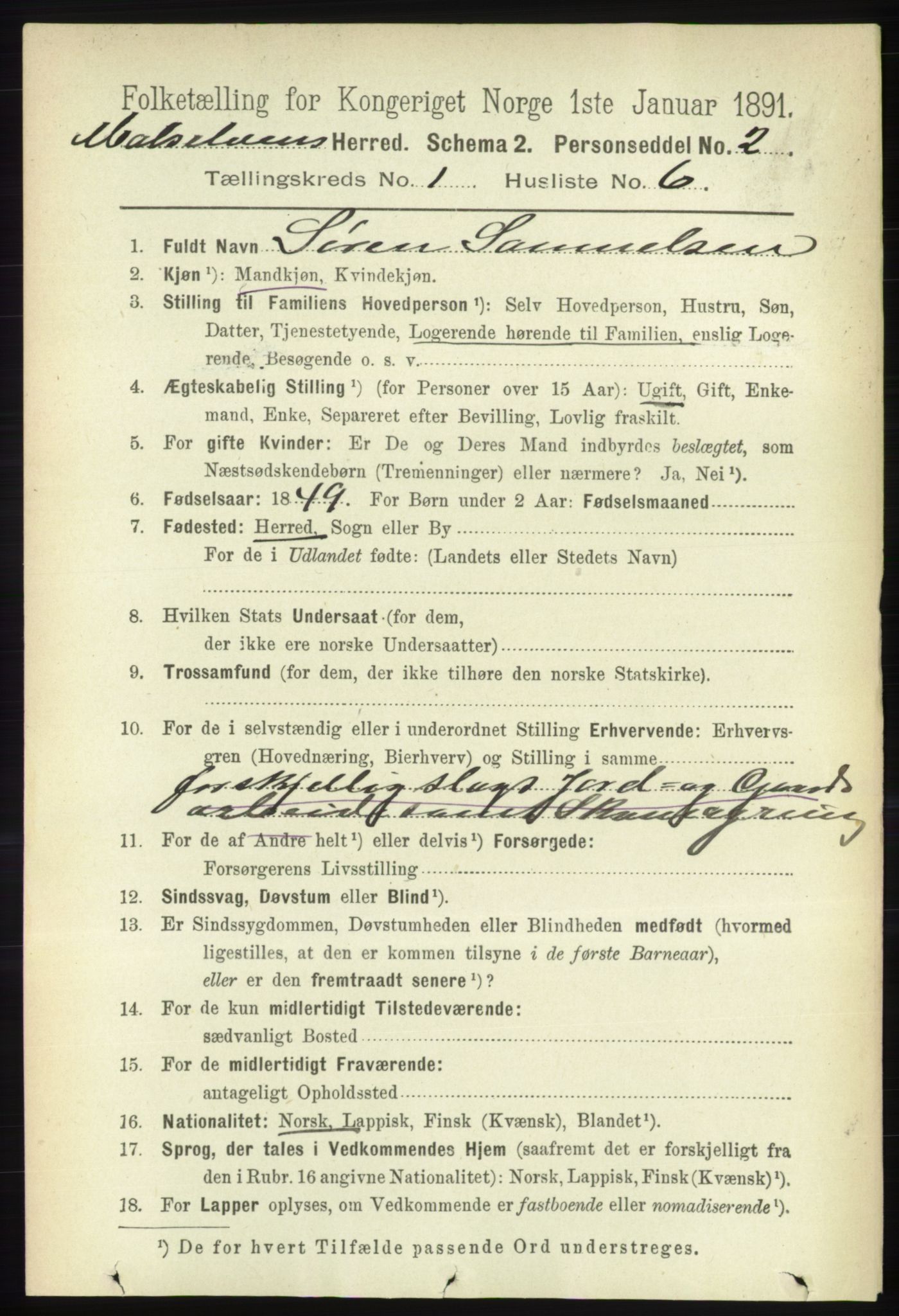 RA, 1891 census for 1924 Målselv, 1891, p. 99