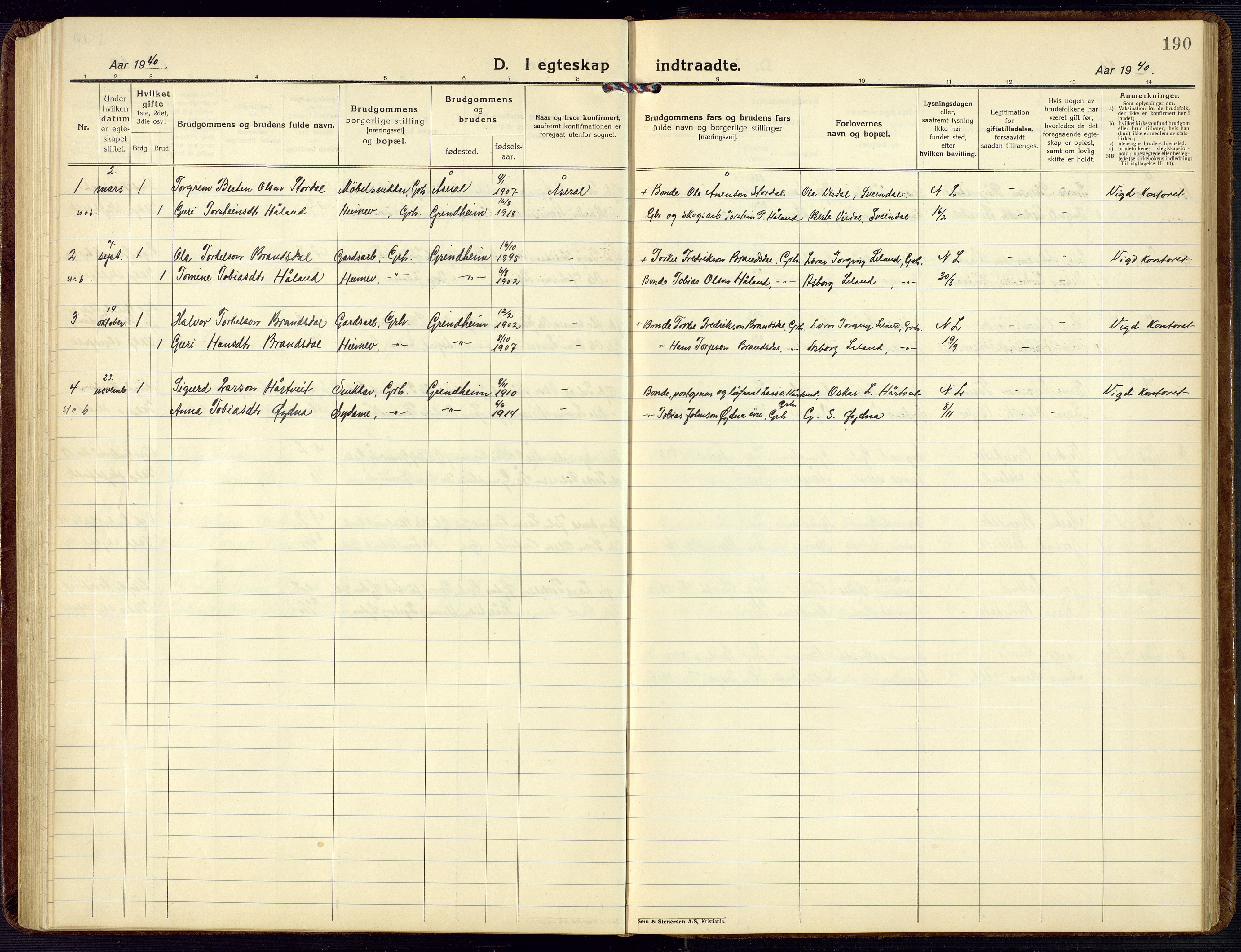 Bjelland sokneprestkontor, AV/SAK-1111-0005/F/Fb/Fbc/L0004: Parish register (copy) no. B 4, 1921-1978, p. 190