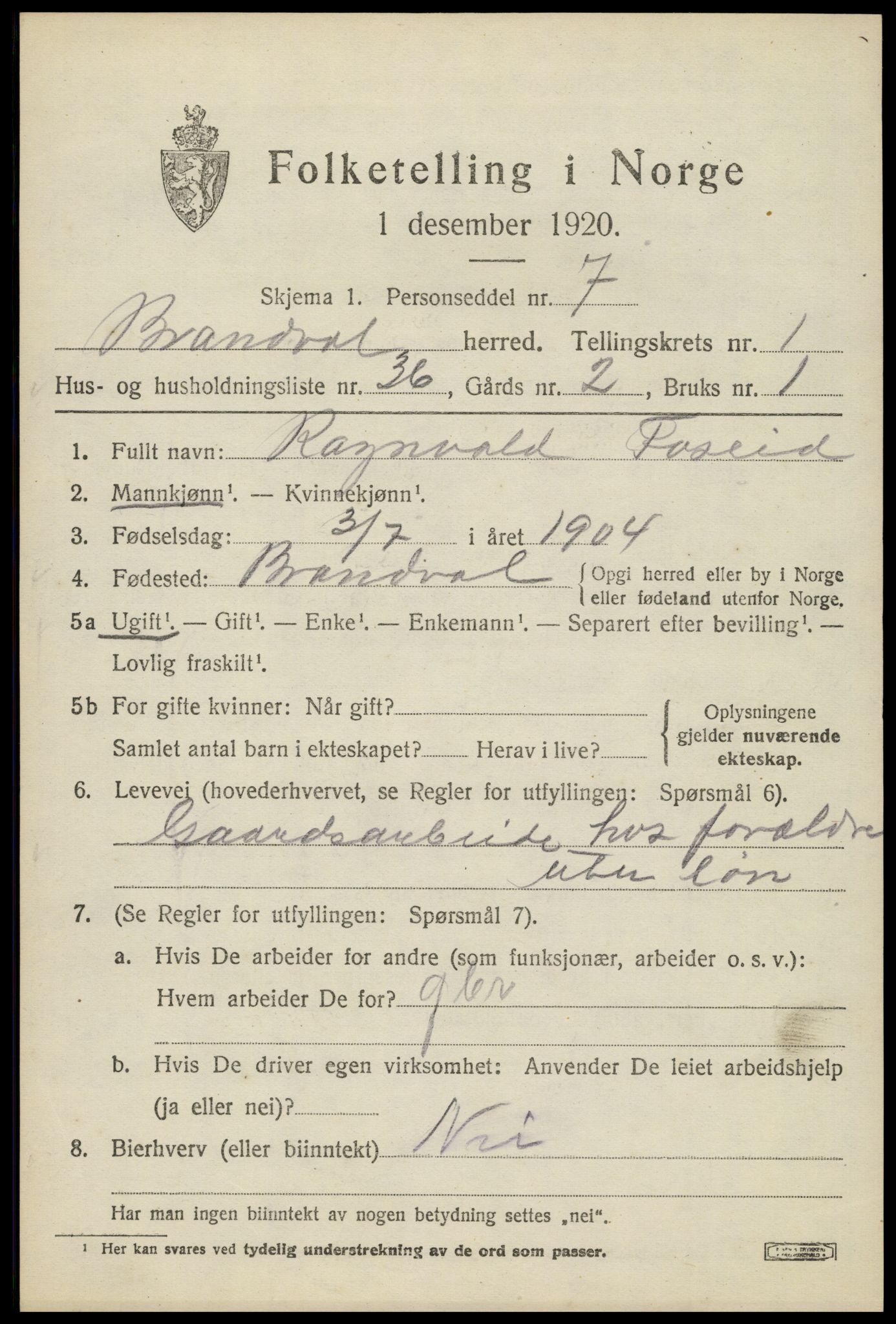 SAH, 1920 census for Brandval, 1920, p. 1990