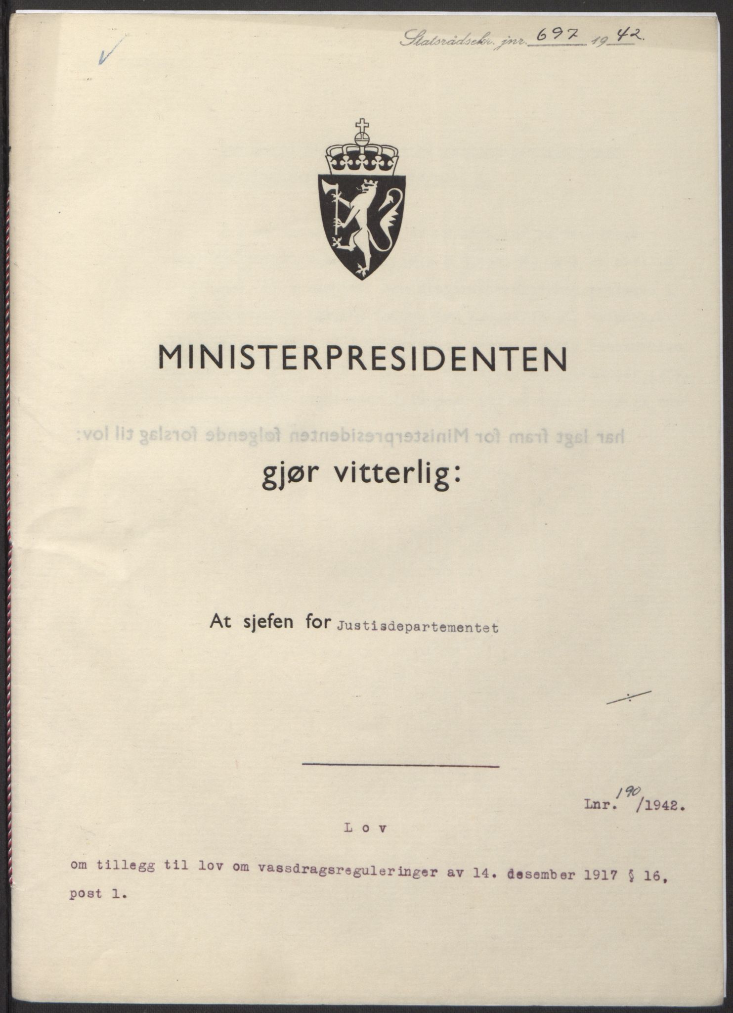 NS-administrasjonen 1940-1945 (Statsrådsekretariatet, de kommisariske statsråder mm), RA/S-4279/D/Db/L0098: Lover II, 1942, p. 365