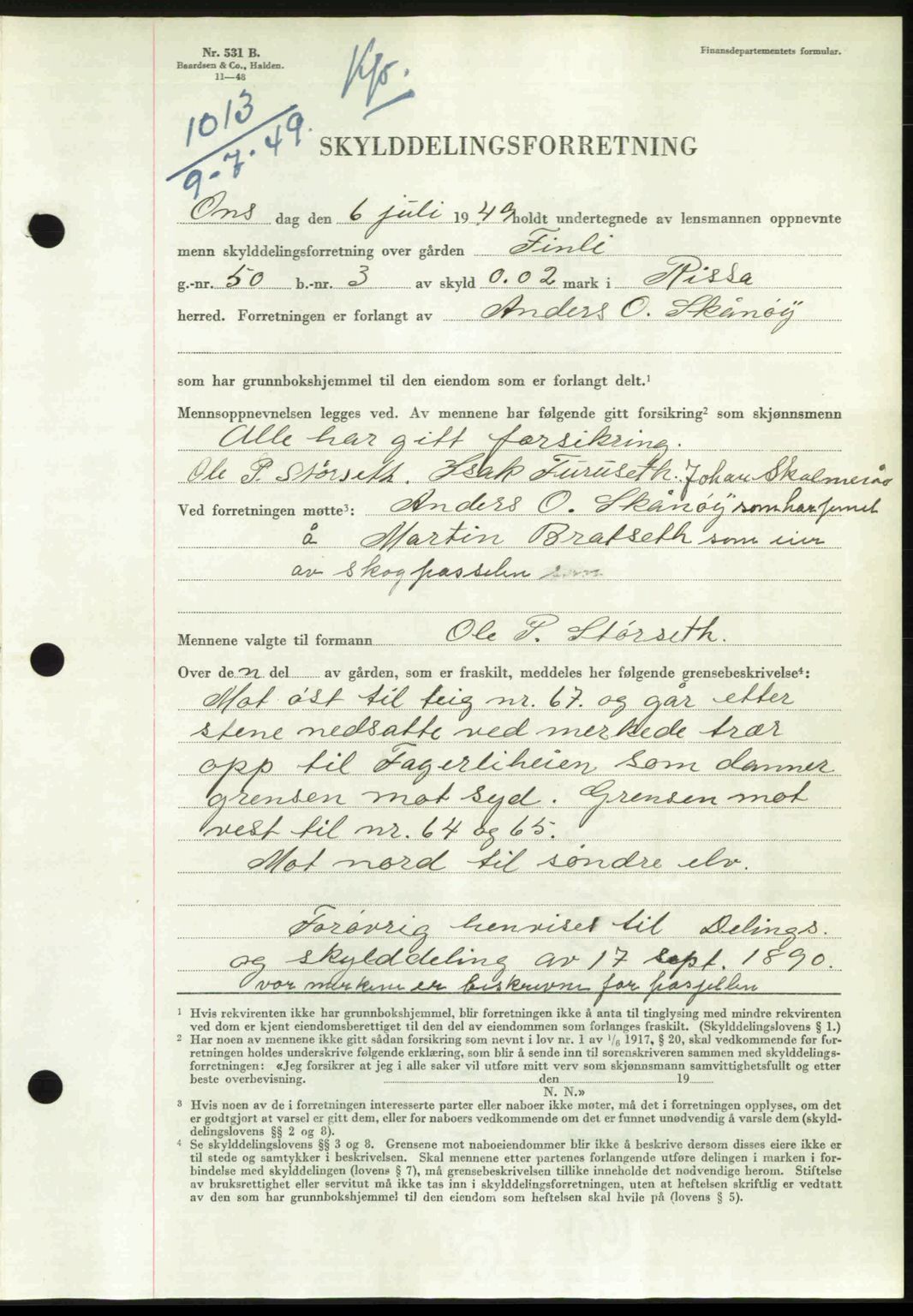 Fosen sorenskriveri, AV/SAT-A-1107/1/2/2C: Mortgage book no. A7-9, 1947-1949, Diary no: : 1013/1949