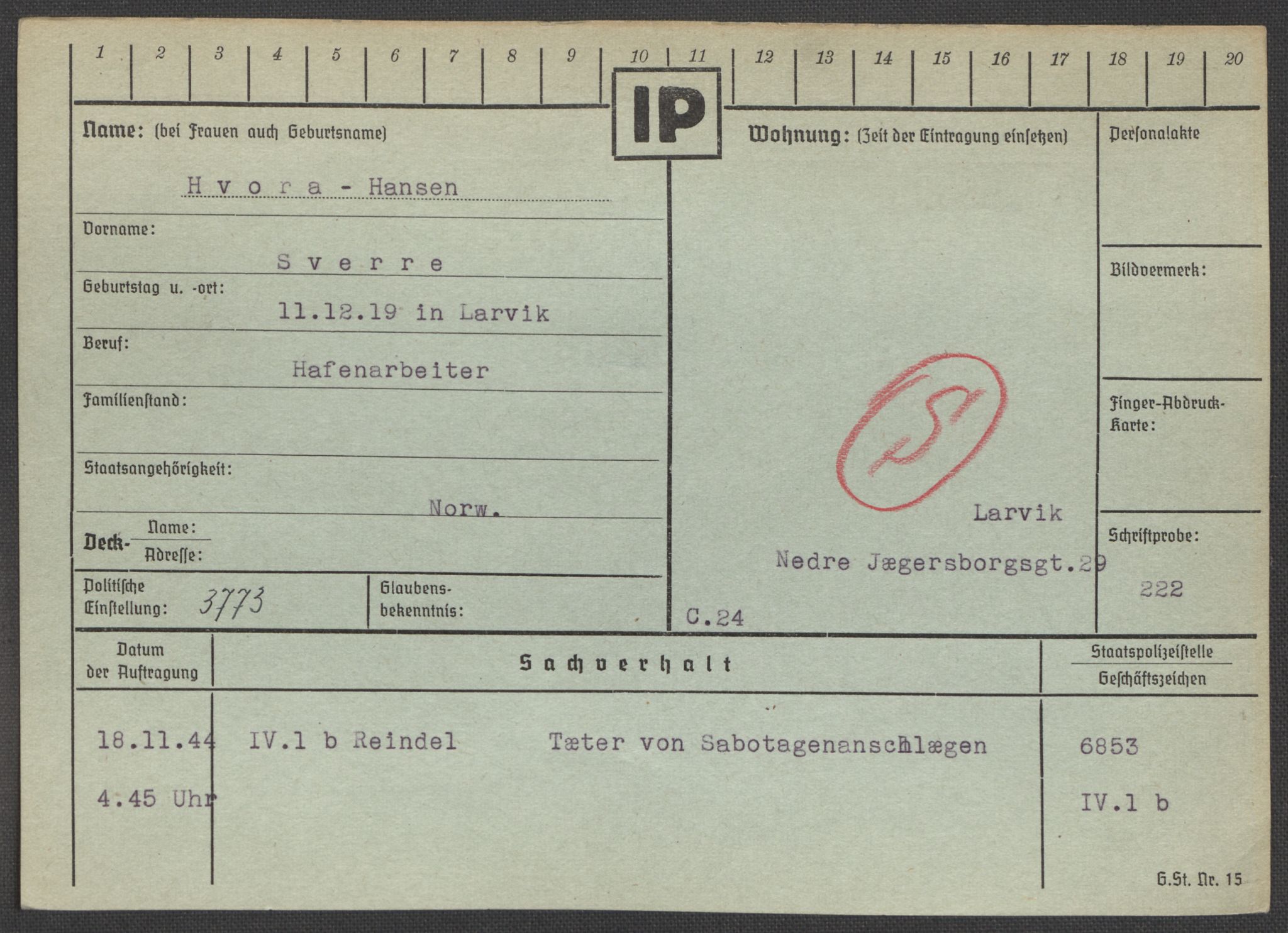 Befehlshaber der Sicherheitspolizei und des SD, AV/RA-RAFA-5969/E/Ea/Eaa/L0004: Register over norske fanger i Møllergata 19: Hal-Hæ, 1940-1945, p. 1465