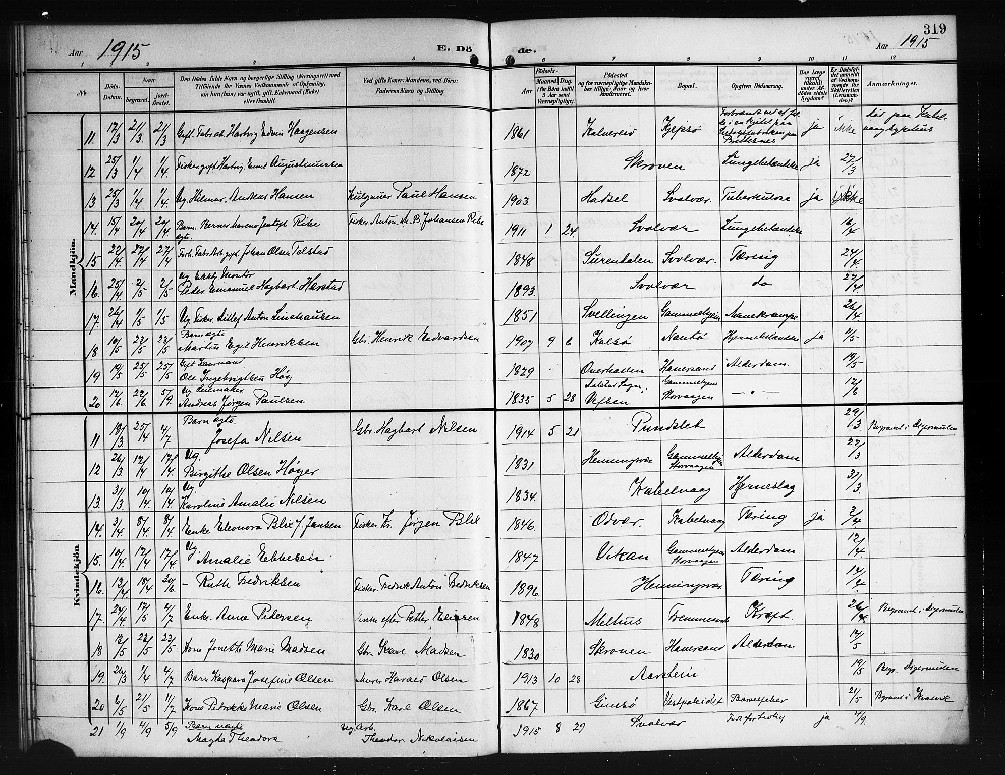 Ministerialprotokoller, klokkerbøker og fødselsregistre - Nordland, AV/SAT-A-1459/874/L1079: Parish register (copy) no. 874C08, 1907-1915, p. 319