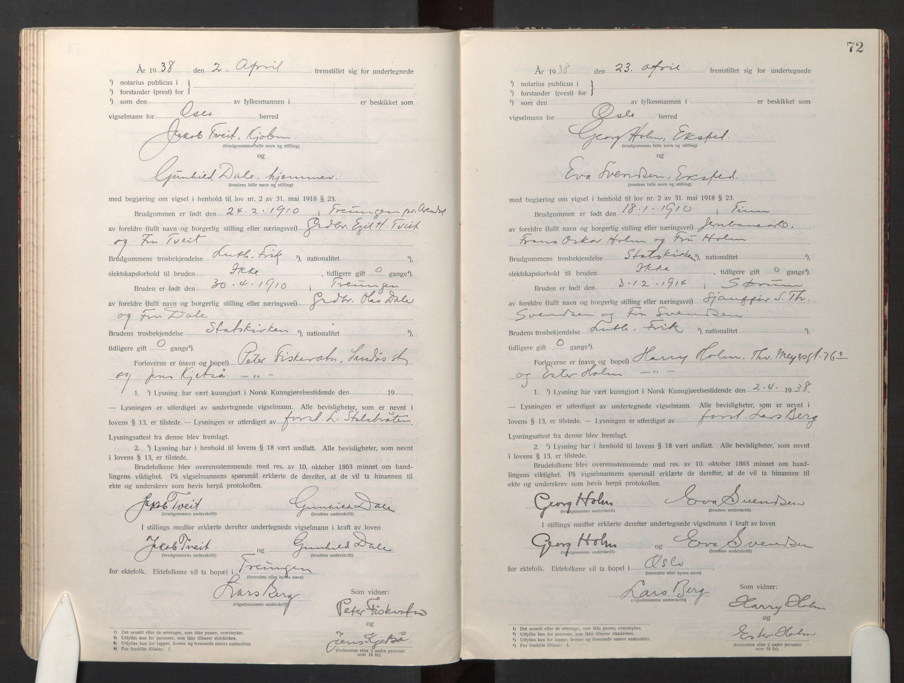 Den evangelisk-lutherske frikirke østre menighet, Oslo, AV/SAO-PAO-0245/F/L0005: Marriage register (dissenter) no. 5, 1920-1941, p. 72