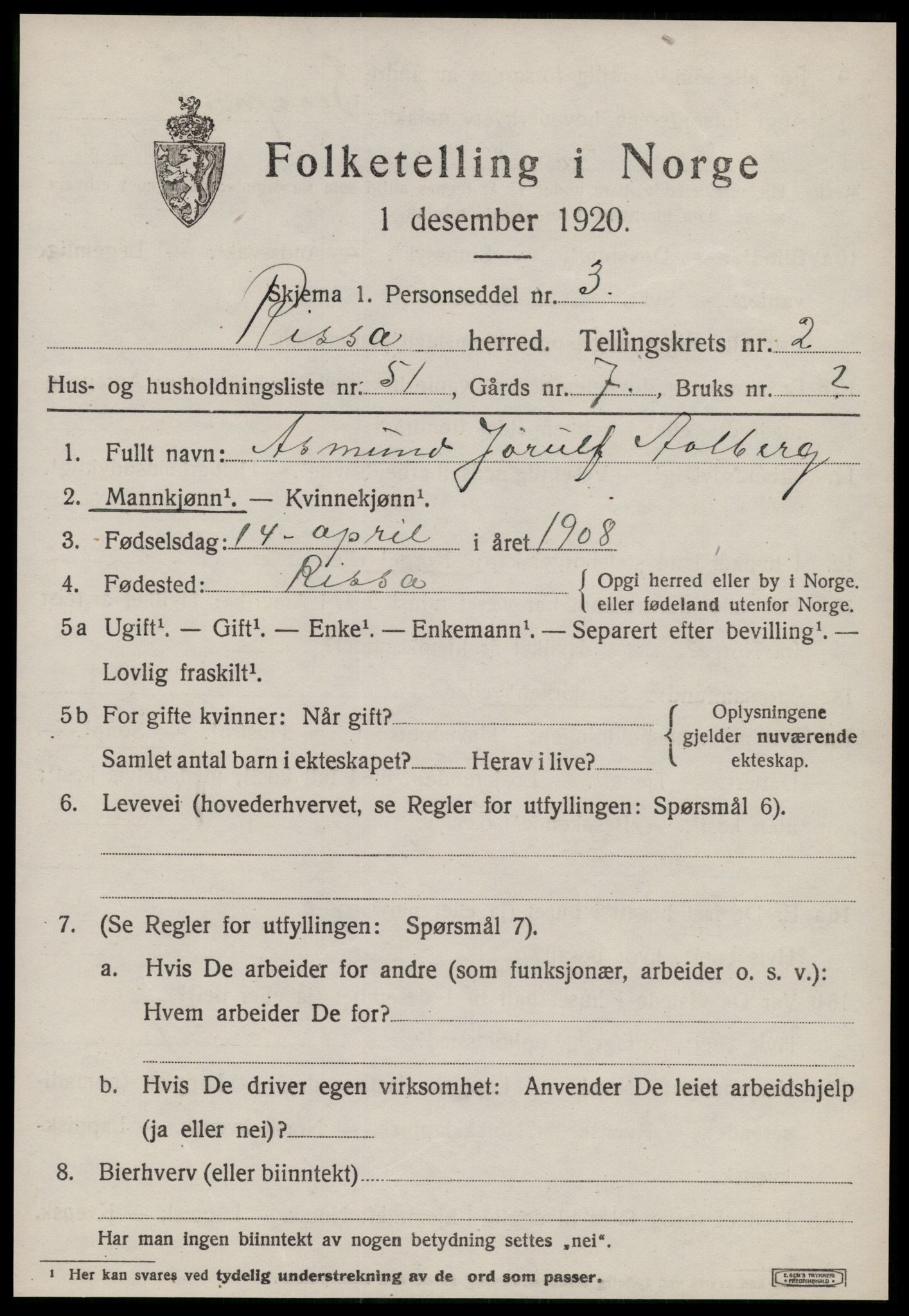 SAT, 1920 census for Rissa, 1920, p. 2301