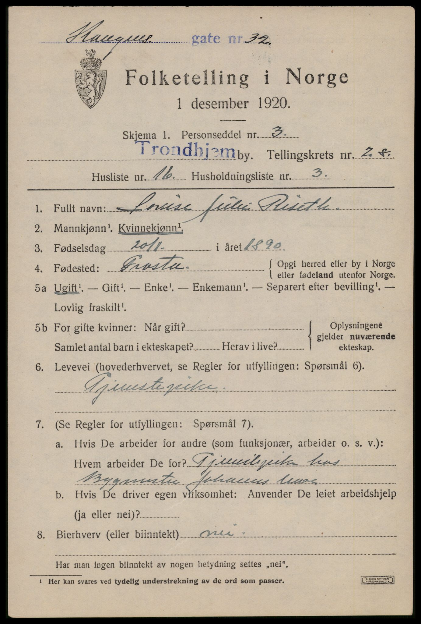 SAT, 1920 census for Trondheim, 1920, p. 71394