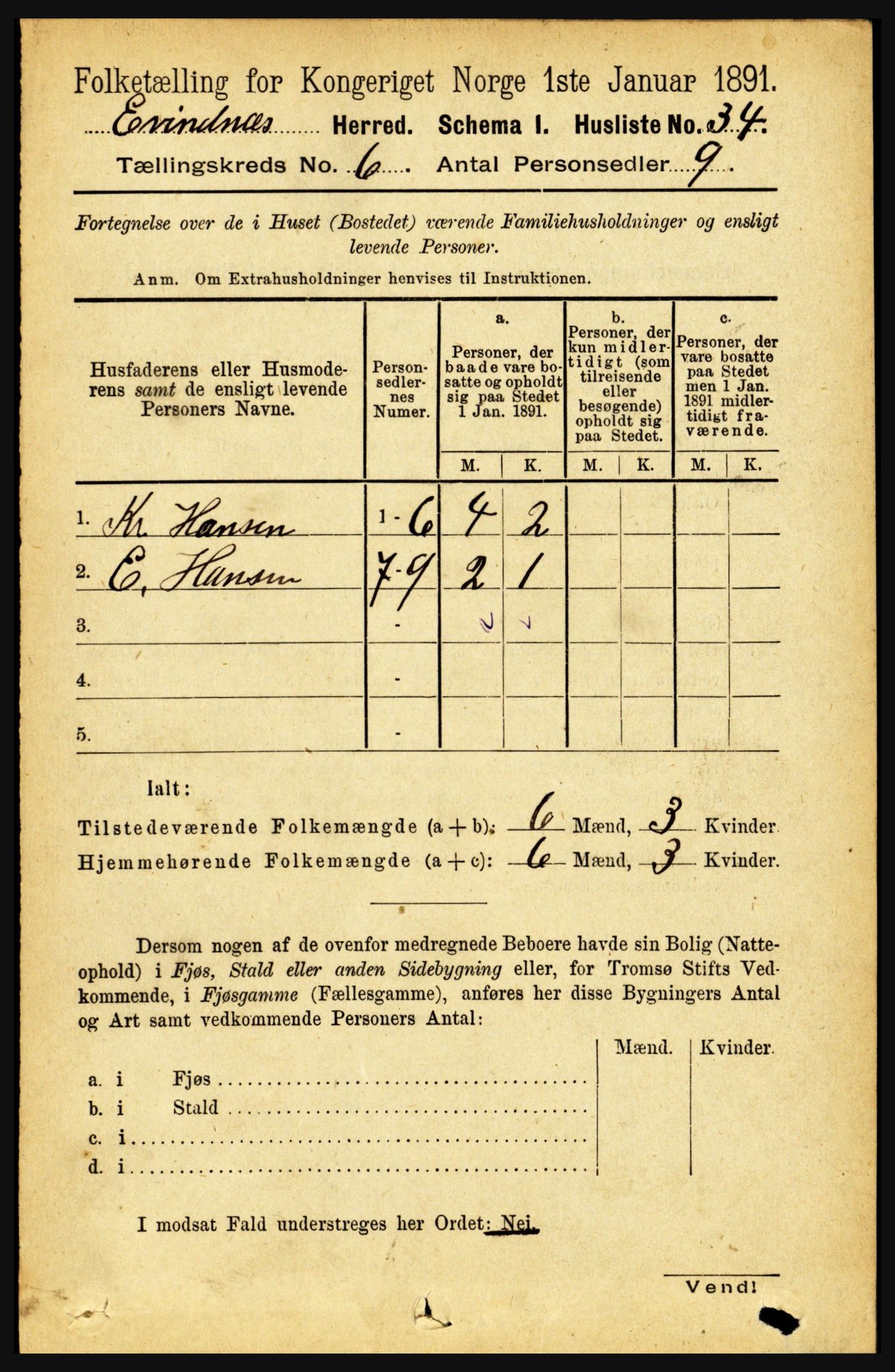 RA, 1891 census for 1853 Evenes, 1891, p. 1918