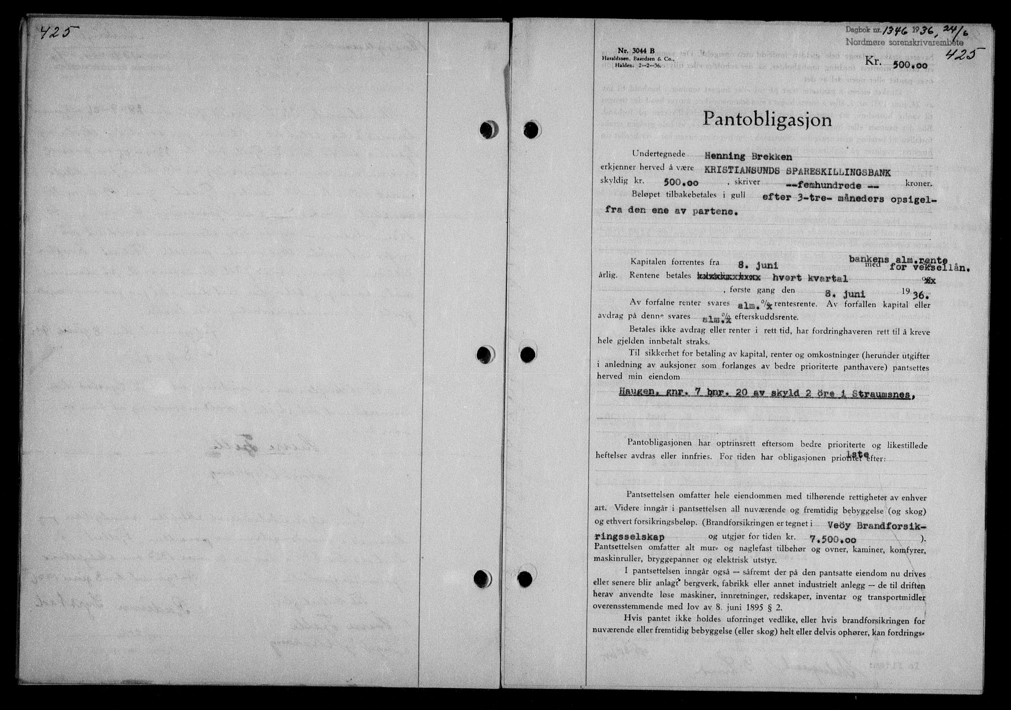 Nordmøre sorenskriveri, AV/SAT-A-4132/1/2/2Ca/L0088: Mortgage book no. 78, 1936-1936, Diary no: : 1346/1936