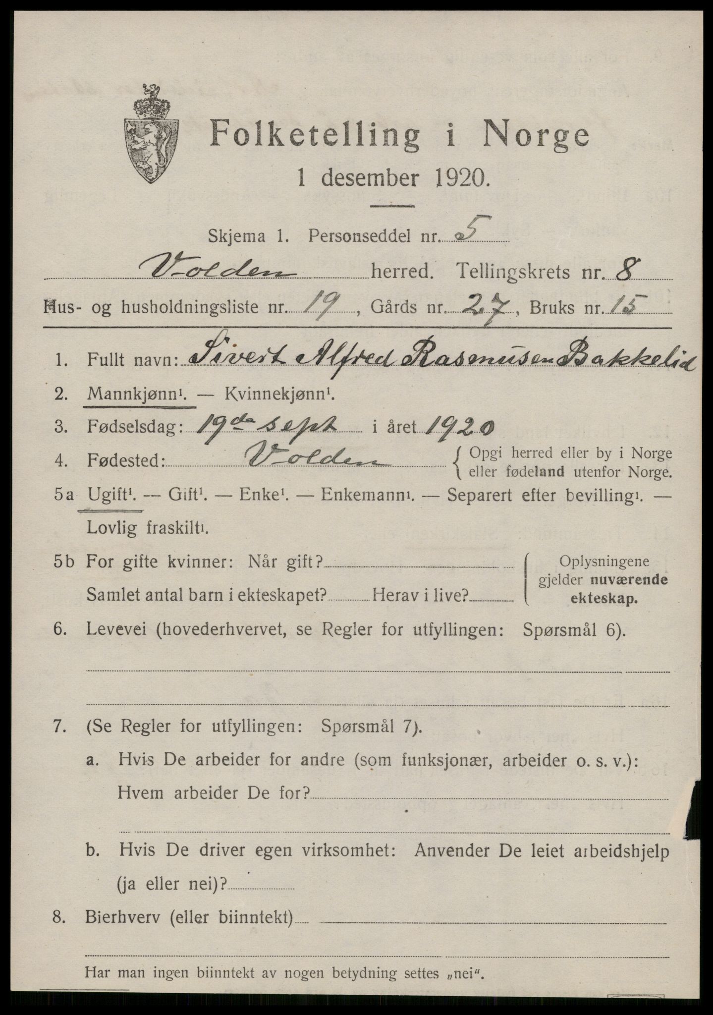 SAT, 1920 census for Volda, 1920, p. 6738