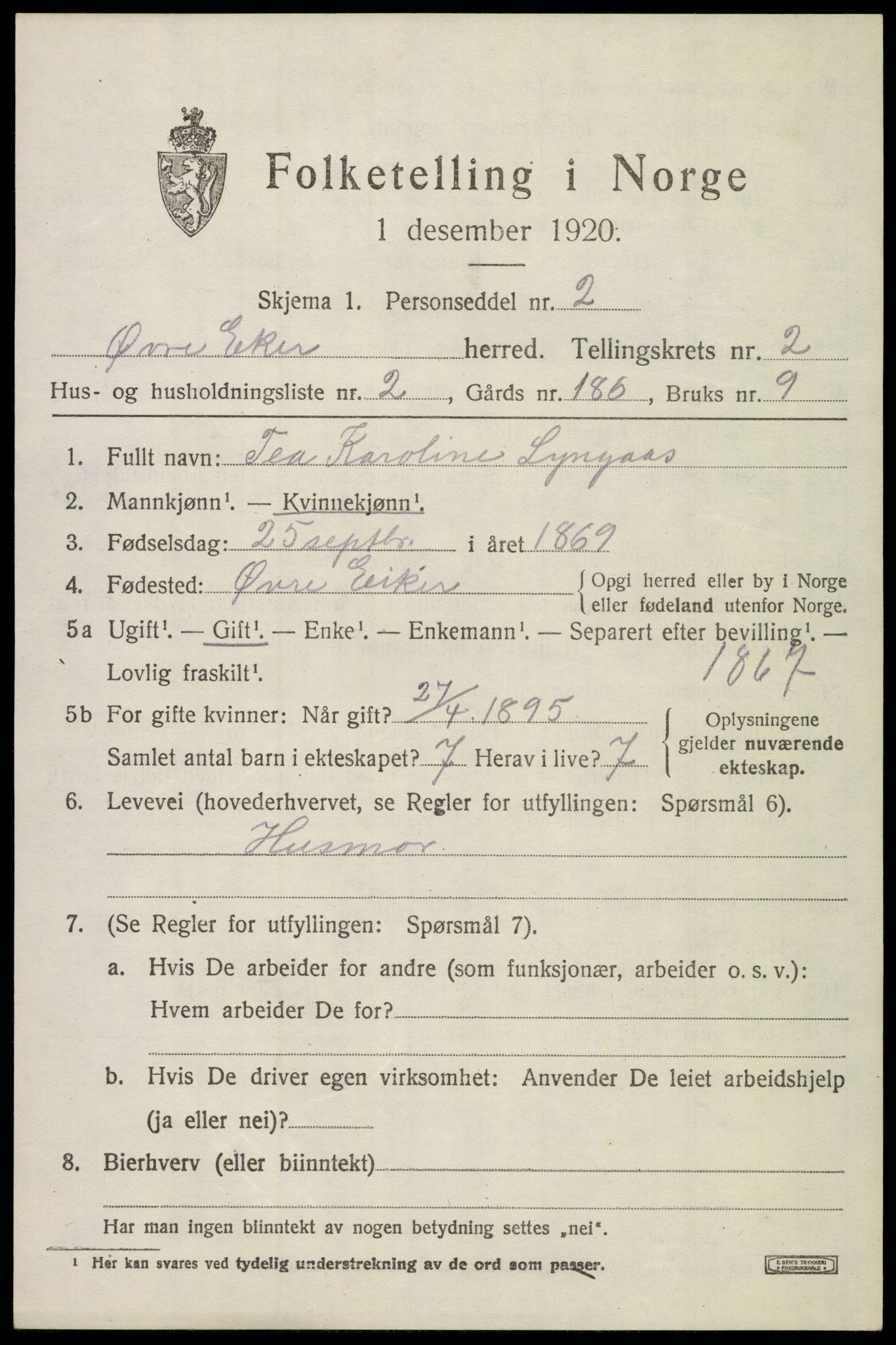 SAKO, 1920 census for Øvre Eiker, 1920, p. 6562