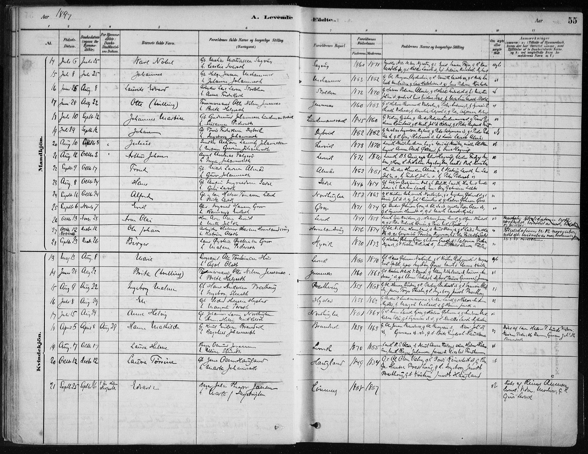 Stord sokneprestembete, SAB/A-78201/H/Haa: Parish register (official) no. B 2, 1878-1913, p. 55