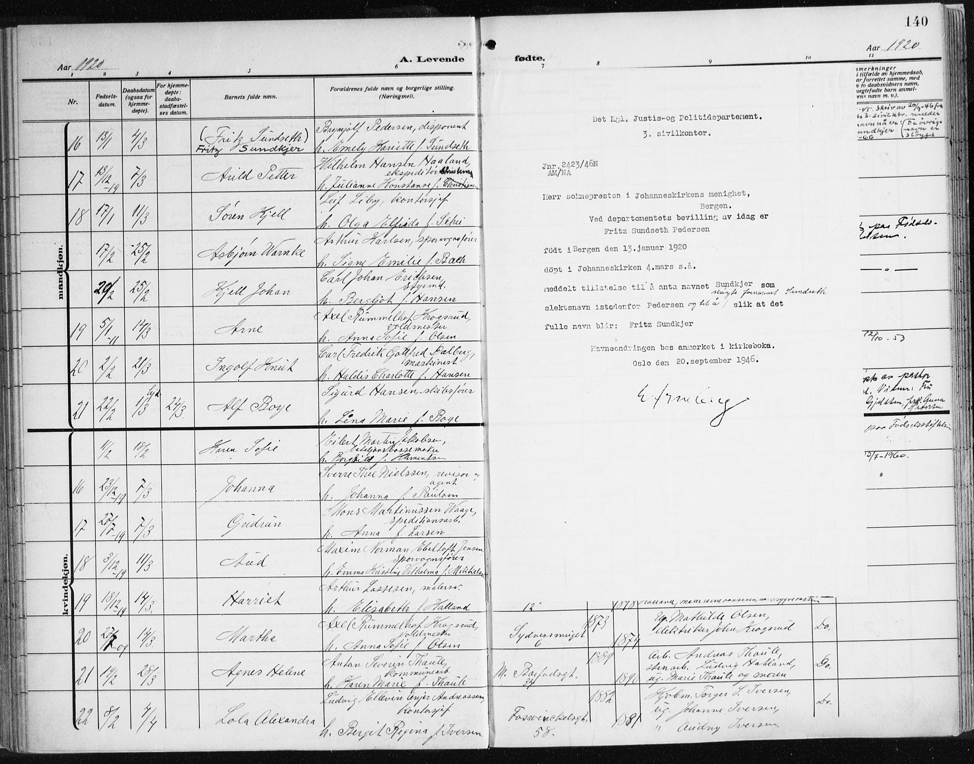 Johanneskirken sokneprestembete, AV/SAB-A-76001/H/Haa: Parish register (official) no. A 3, 1913-1934, p. 140